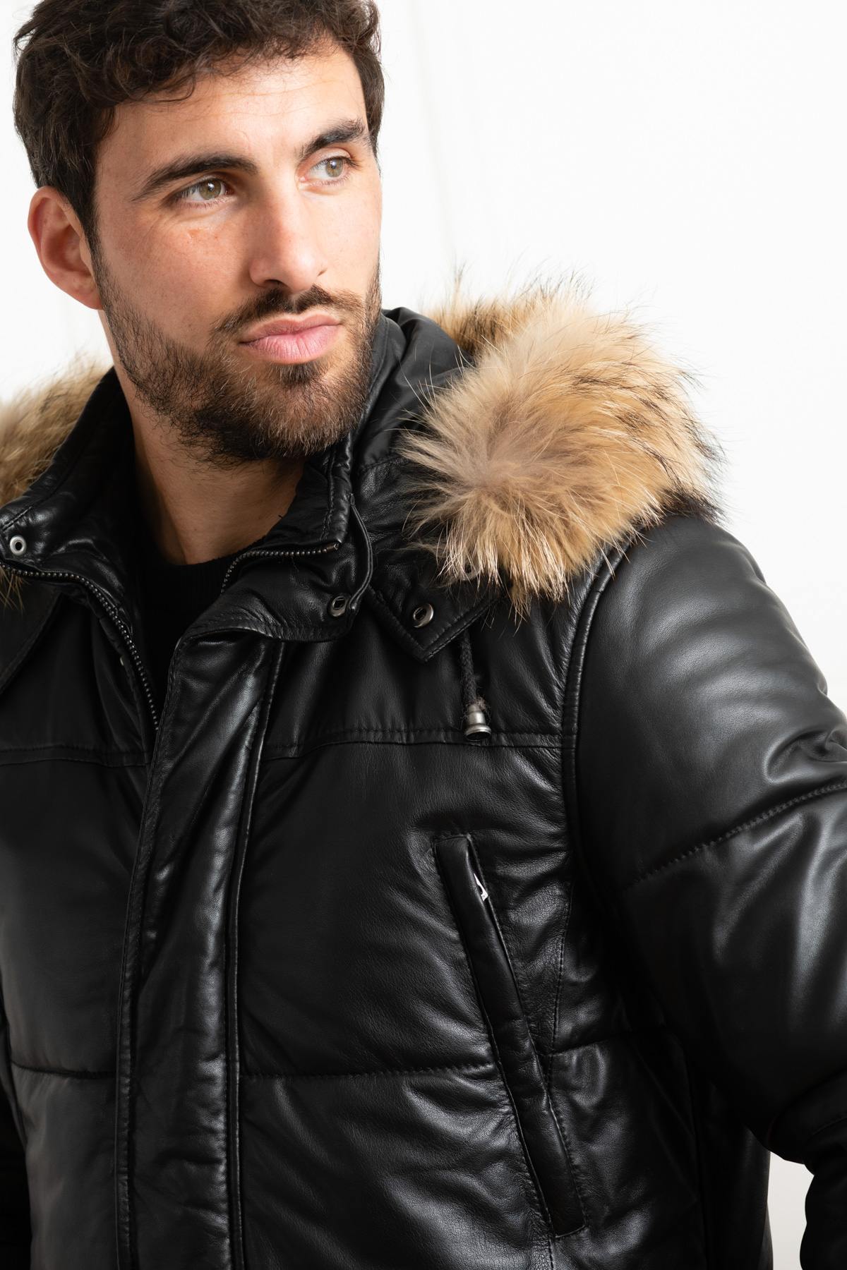 Black lambskin down jacket with fur collar - Image n°7