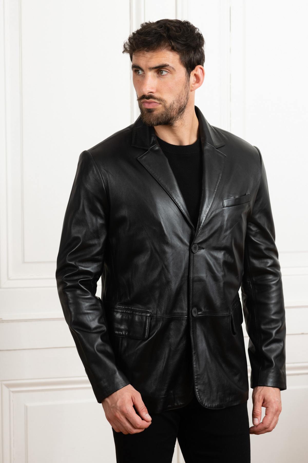 Elegant black leather blazer - Image n°4