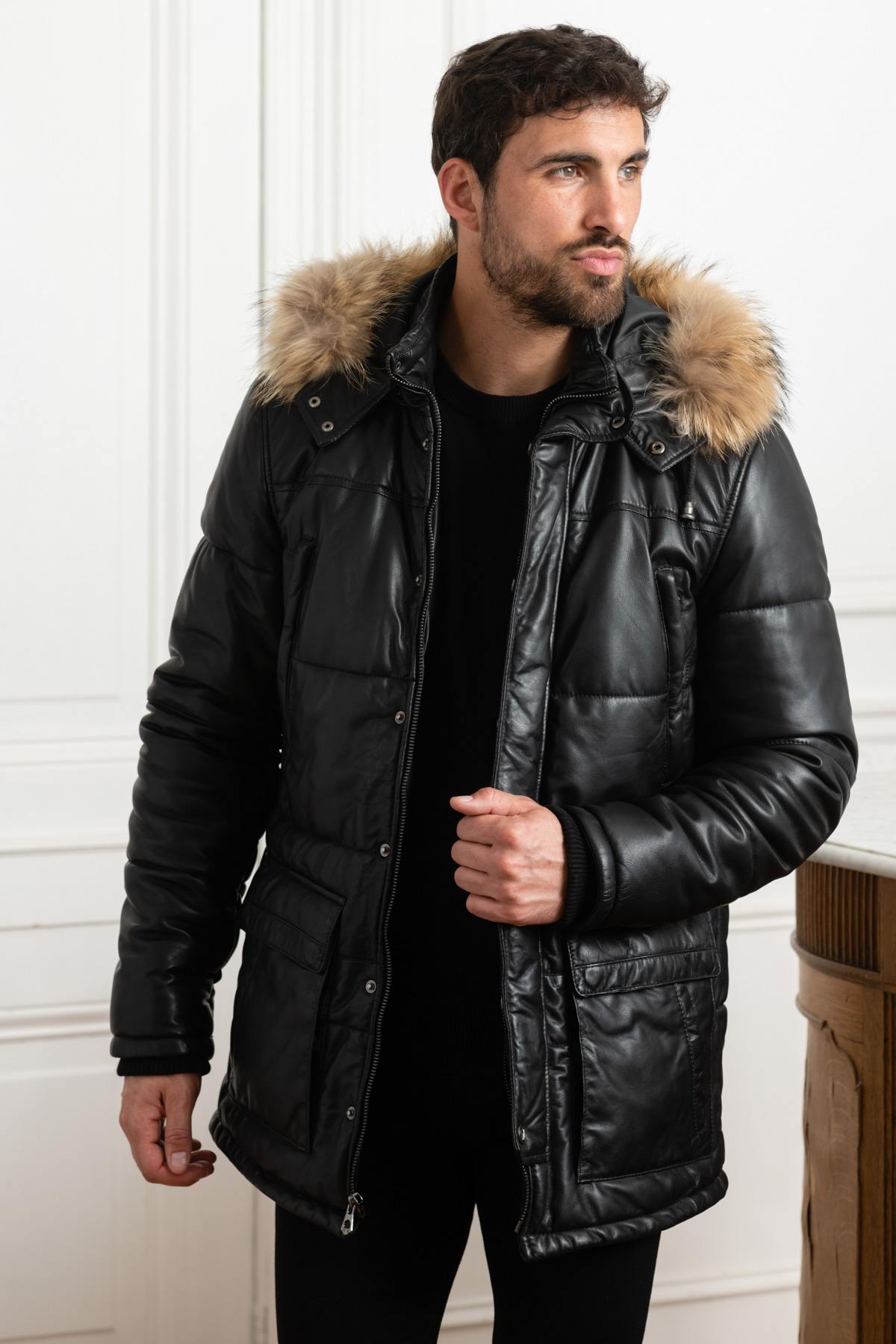 Black lambskin down jacket with fur collar - Image n°3