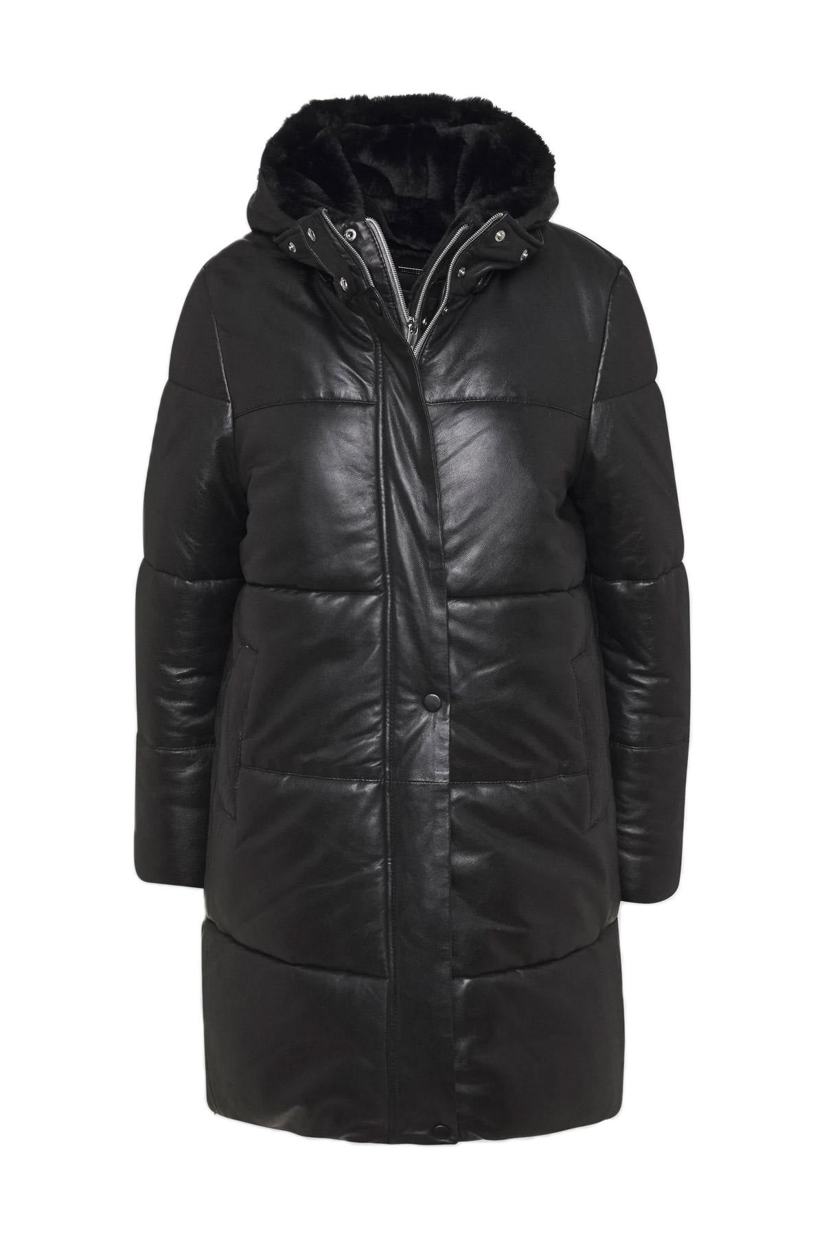 Leather down jacket with removable hood - Image n°1