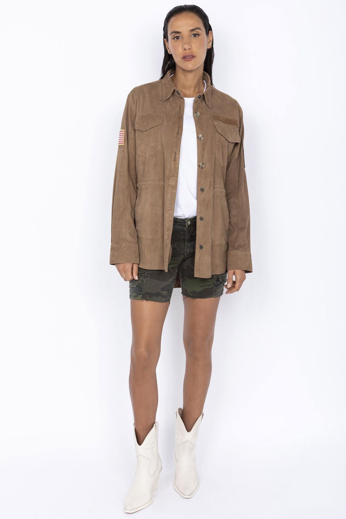 Long suede leather military overshirt - Image n°1