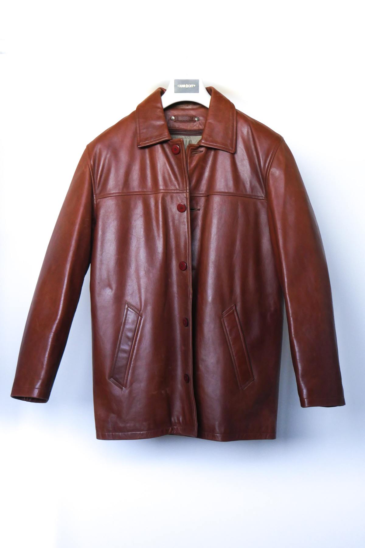 Men's brown leather jacket with shirt collar - Image n°3