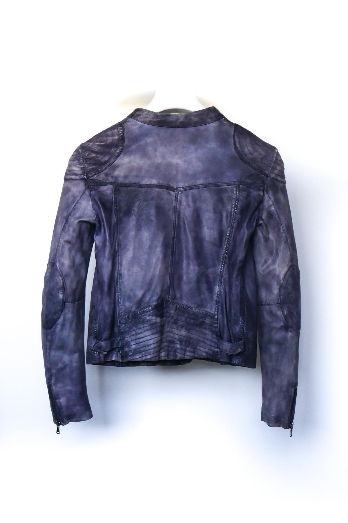 Women's blue leather jacket with biker collar - Image n°2