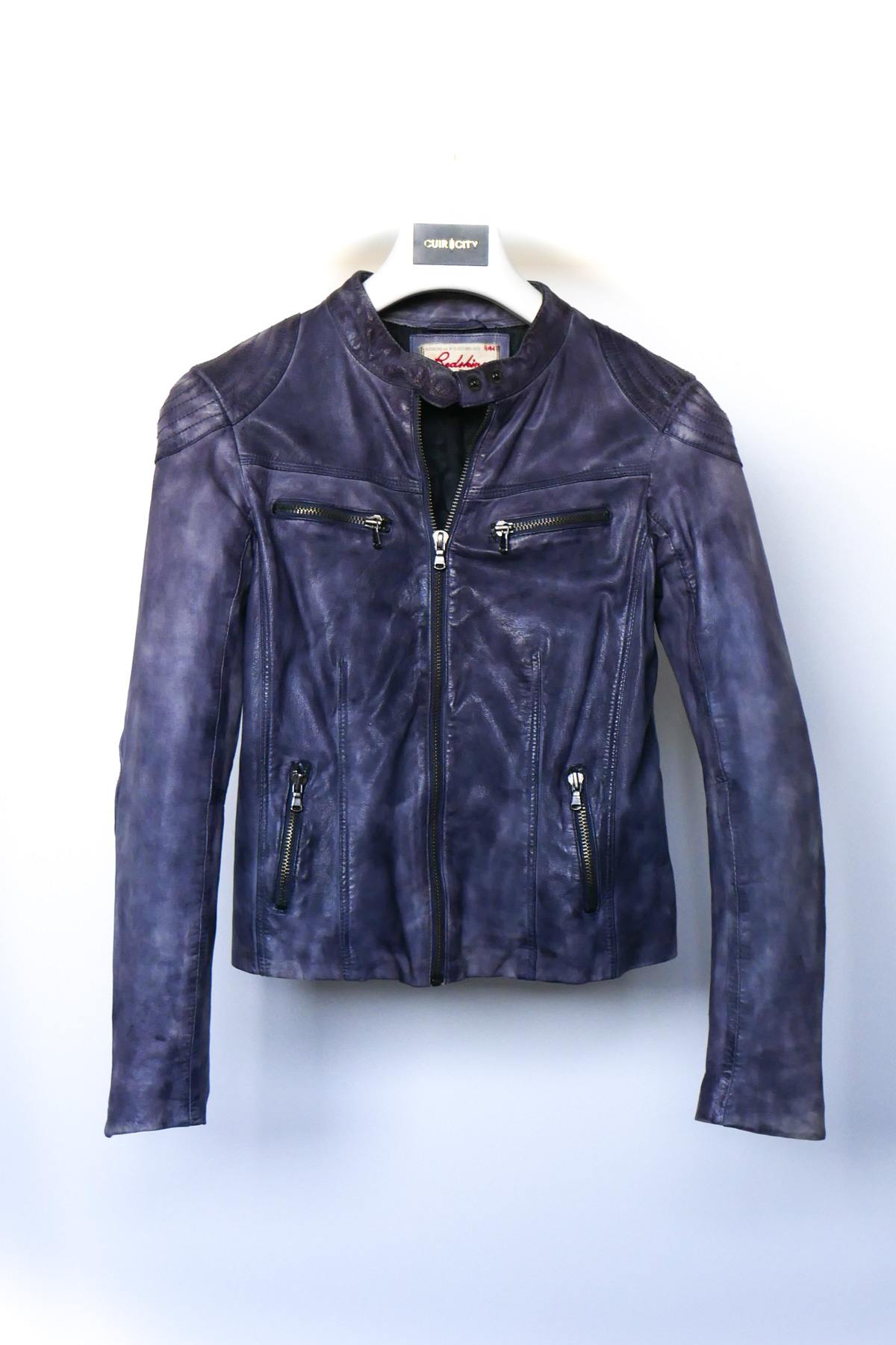 Women's blue leather jacket with biker collar - Image n°1