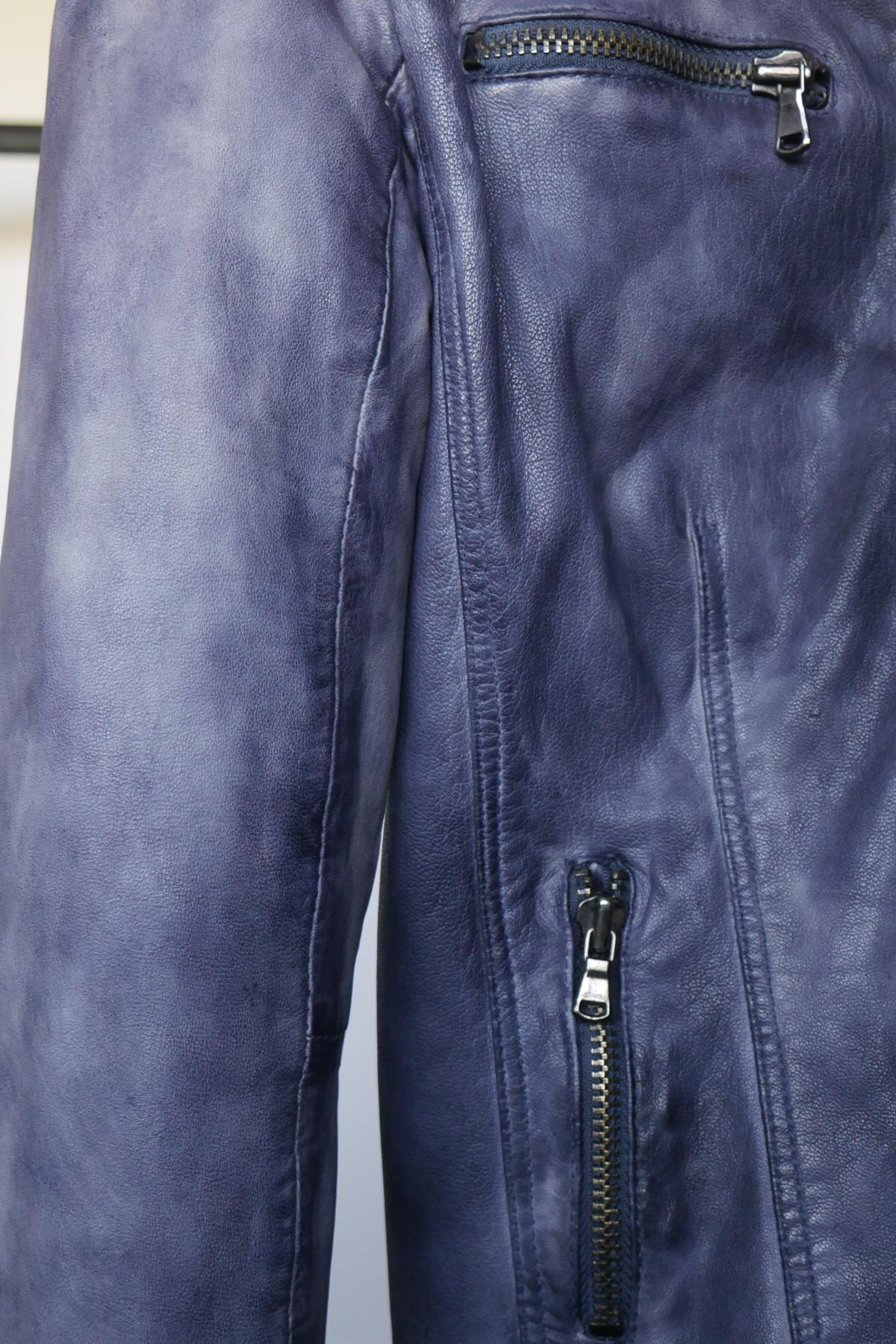 Women's blue leather jacket with biker collar - Image n°3