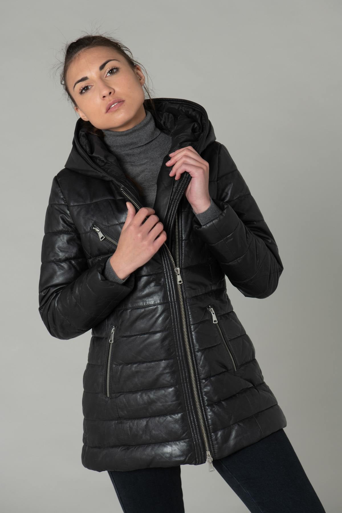 Long black leather down jacket - Image n°1