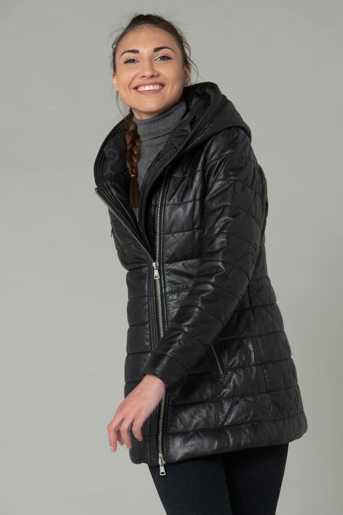 Long black leather down jacket - Image n°3