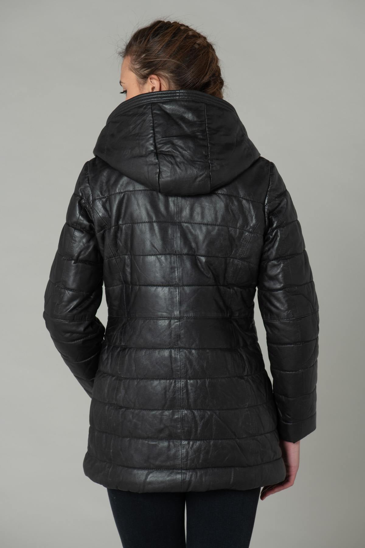 Long black leather down jacket - Image n°5