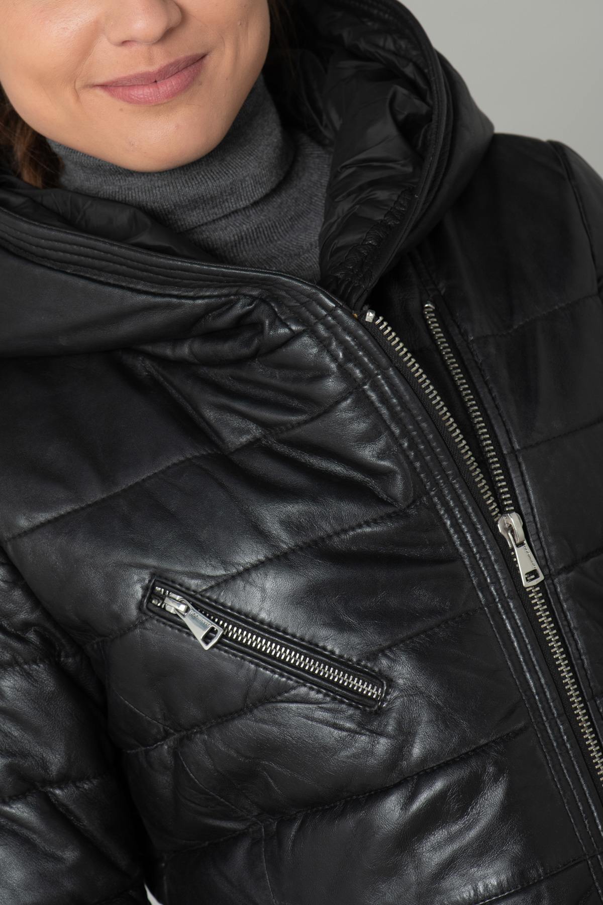 Long black leather down jacket - Image n°6