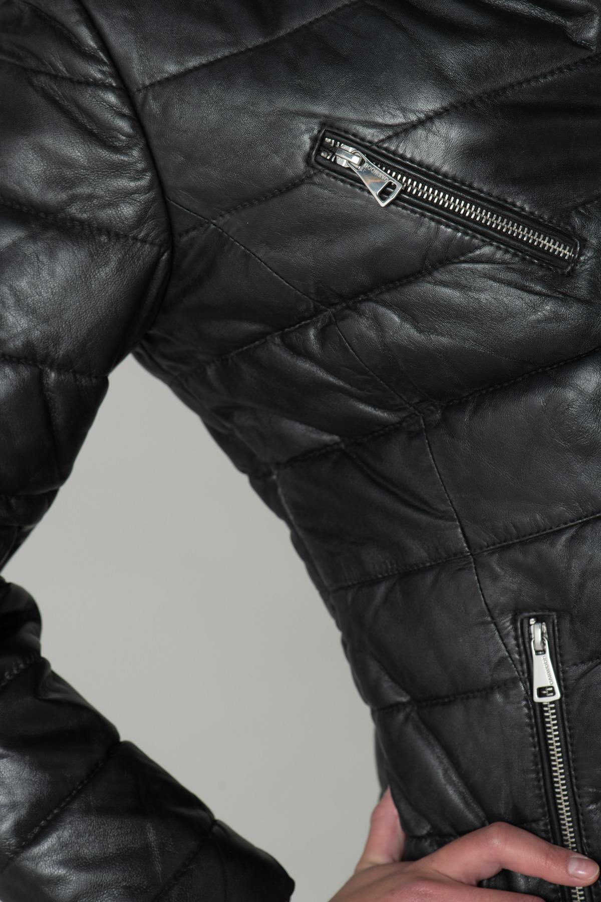 Long black leather down jacket - Image n°7