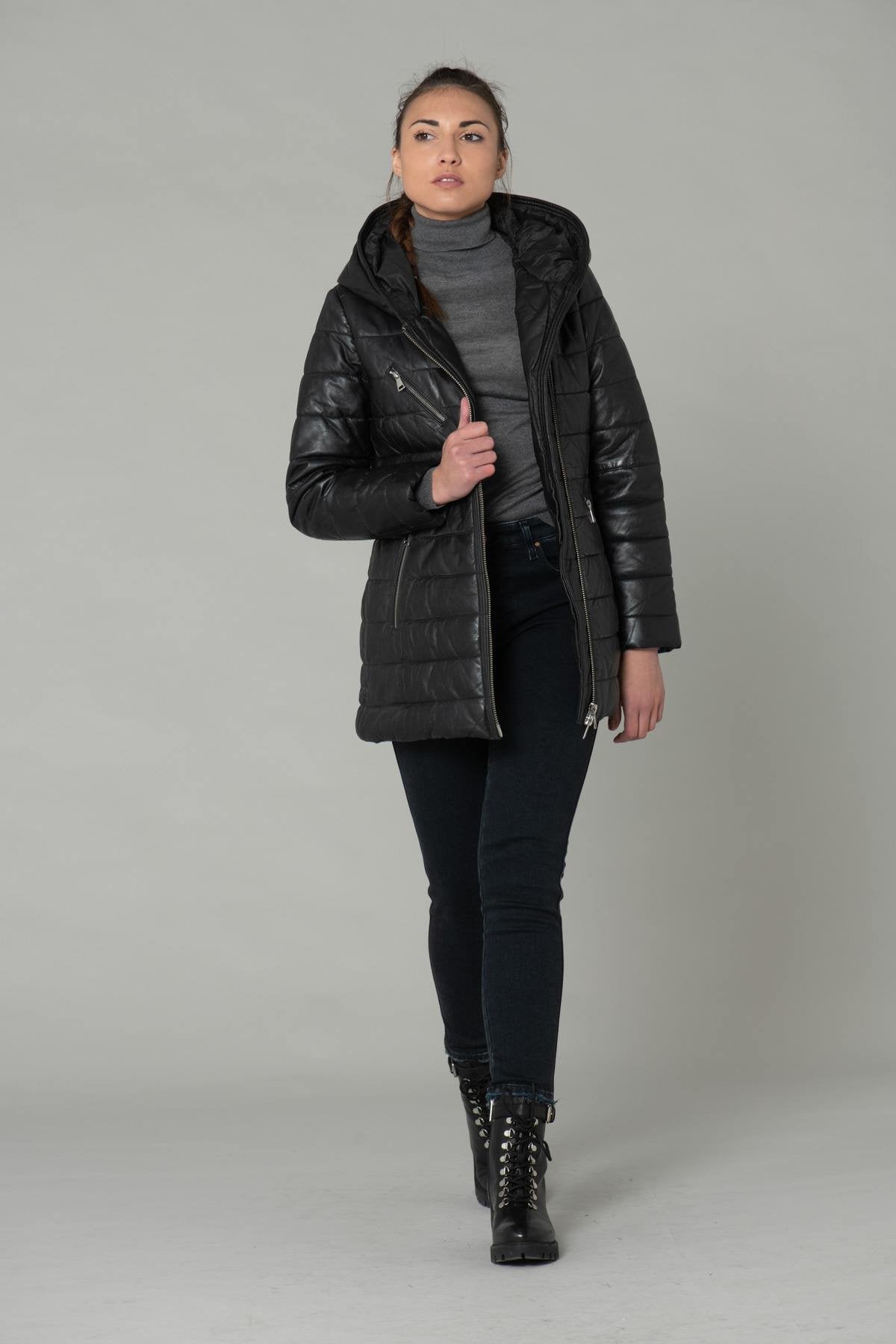 Long black leather down jacket - Image n°2