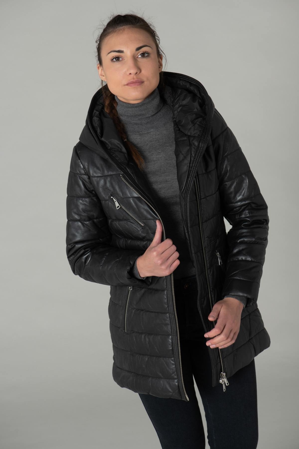 Long black leather down jacket - Image n°8