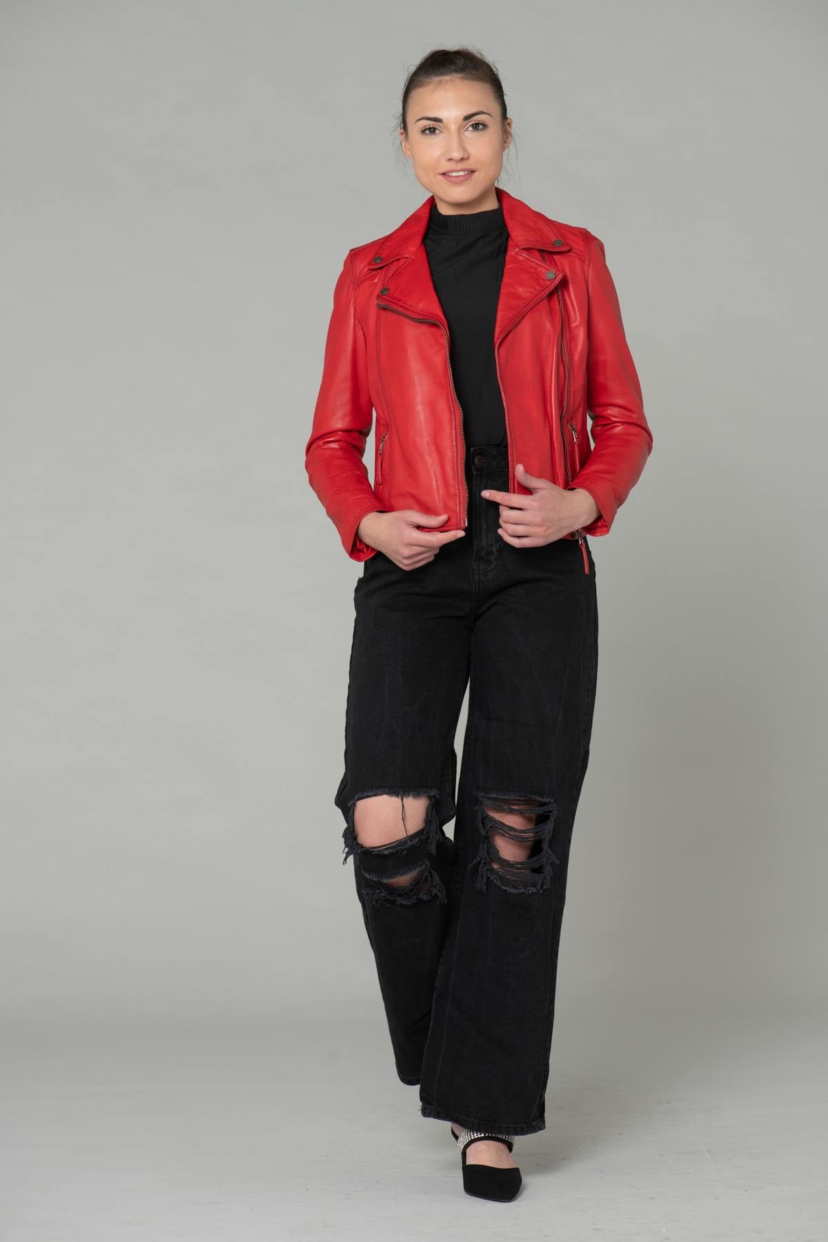 Women's red leather perfecto - Image n°8