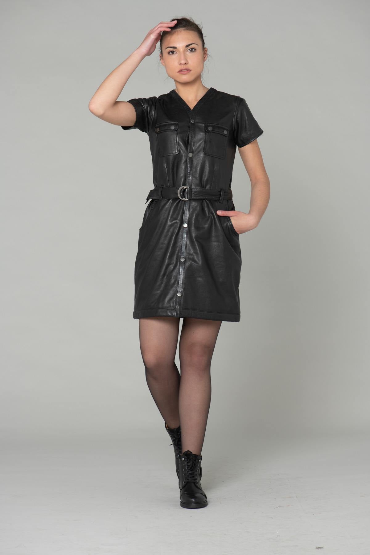 Black leather dress with belt - Image n°2