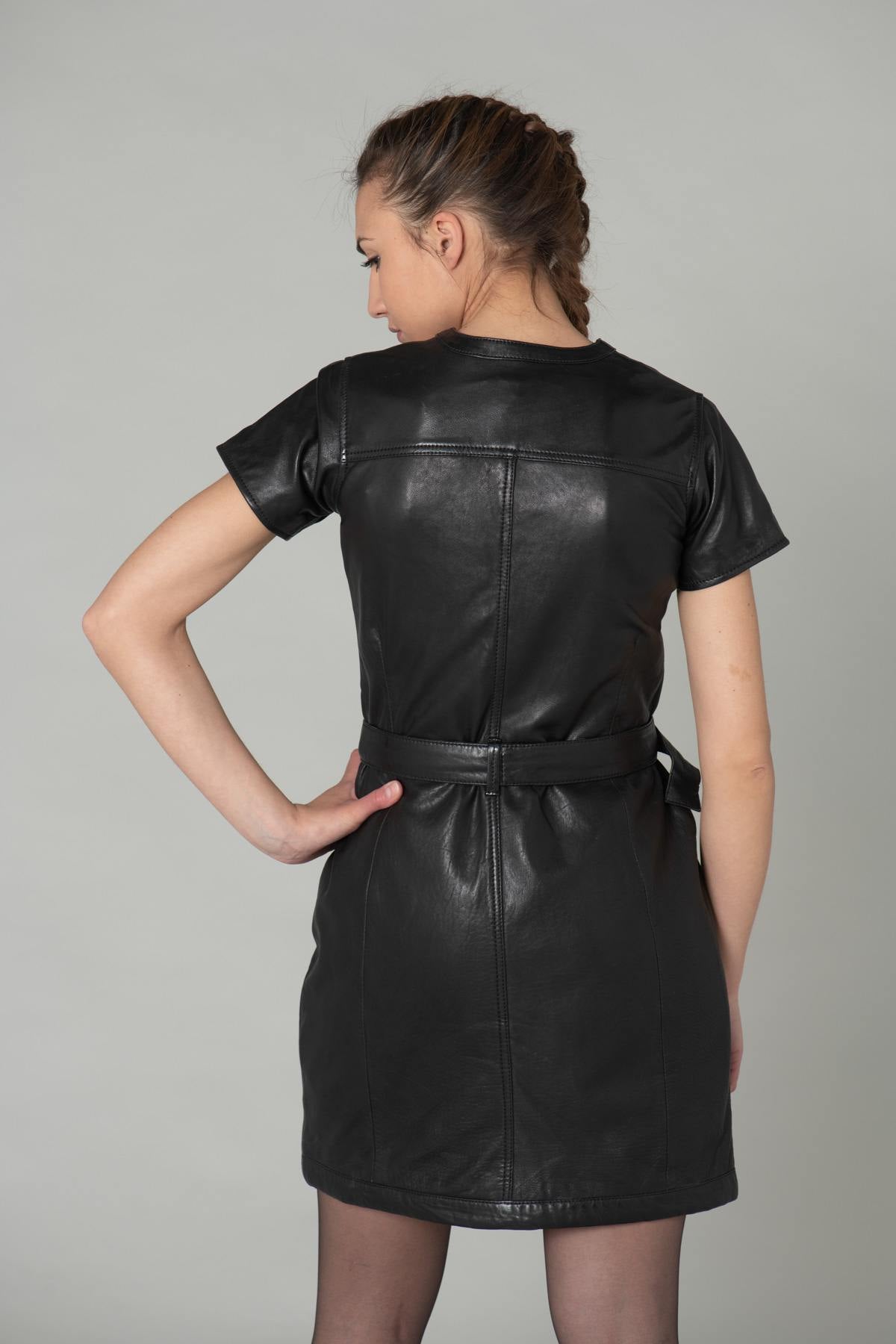 Black leather dress with belt - Image n°4