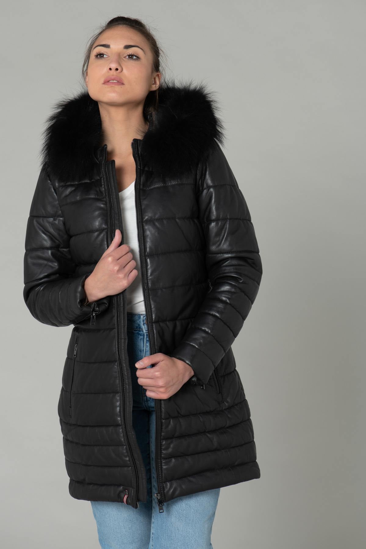 Women's down jacket in black sheepskin with black fur - Image n°3