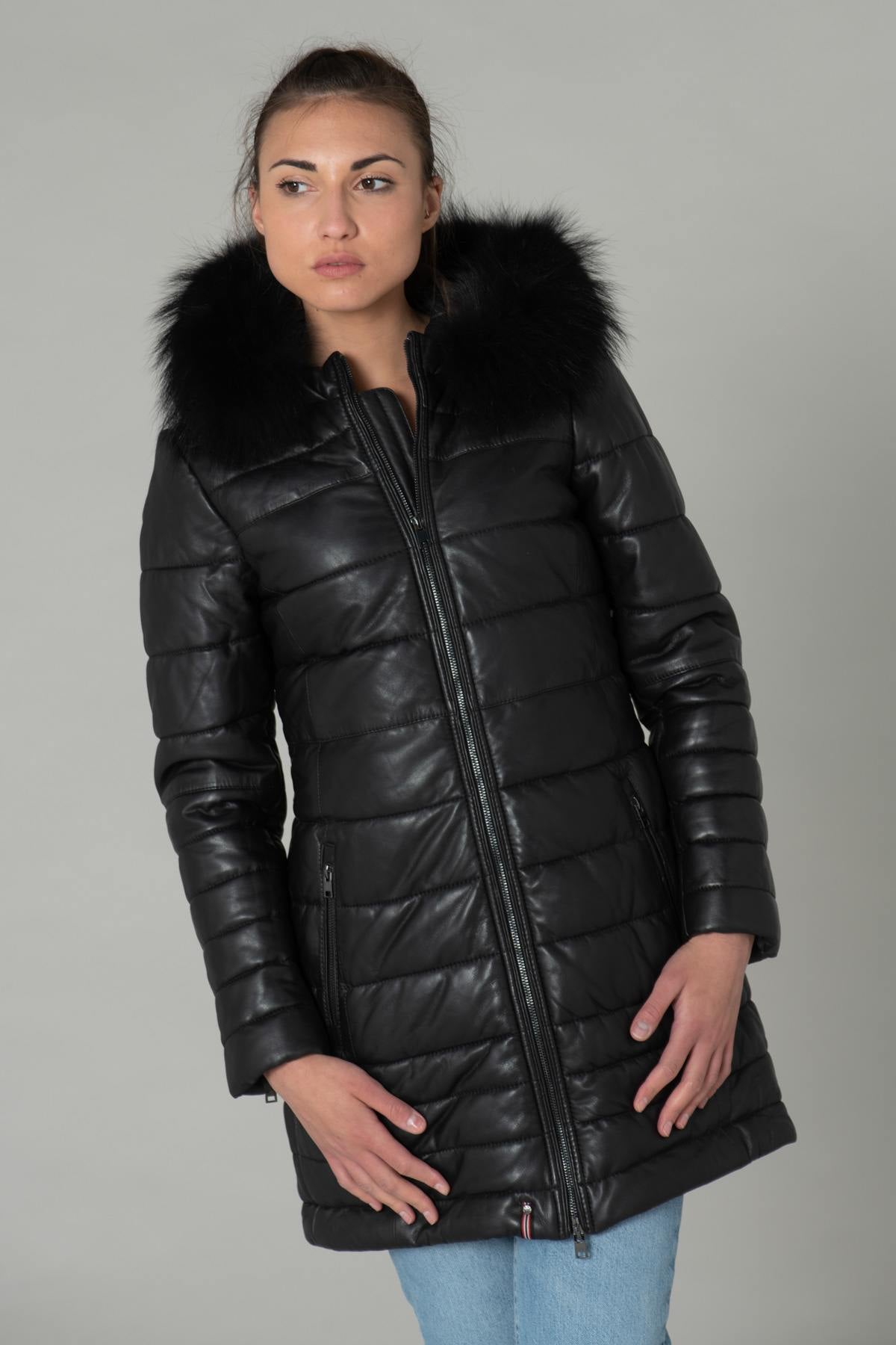 Women's down jacket in black sheepskin with black fur - Image n°6