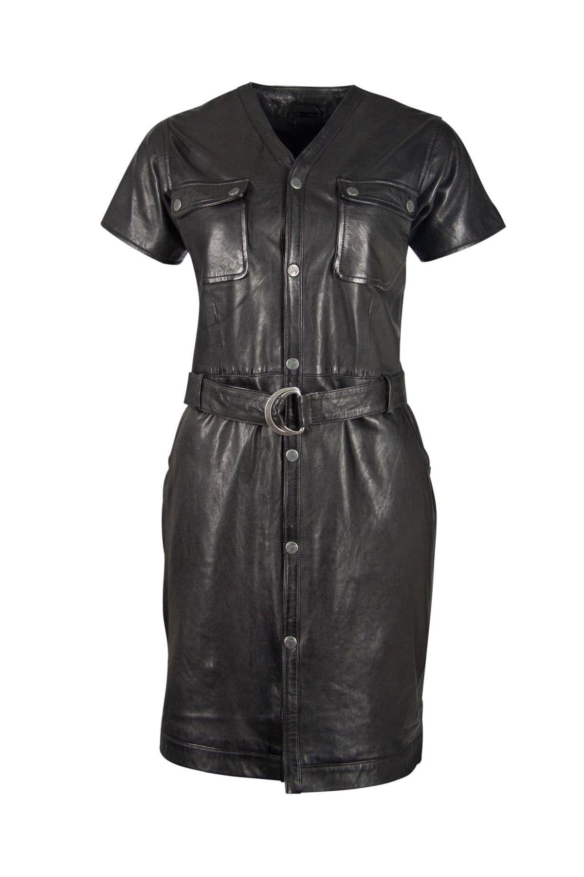 Black leather dress with belt - Image n°6