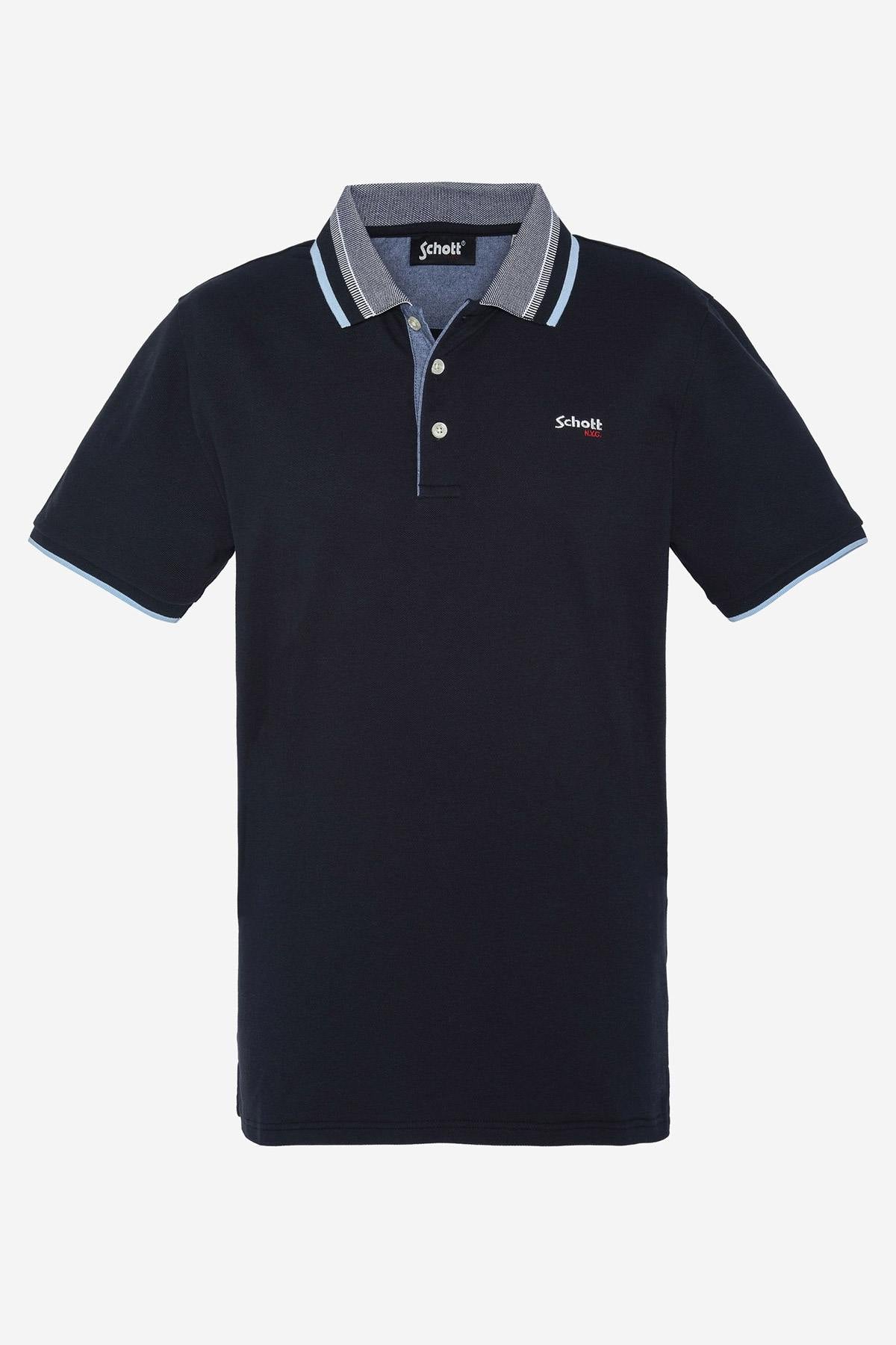 Men's navy blue polo shirt with striped collar - Image n°1