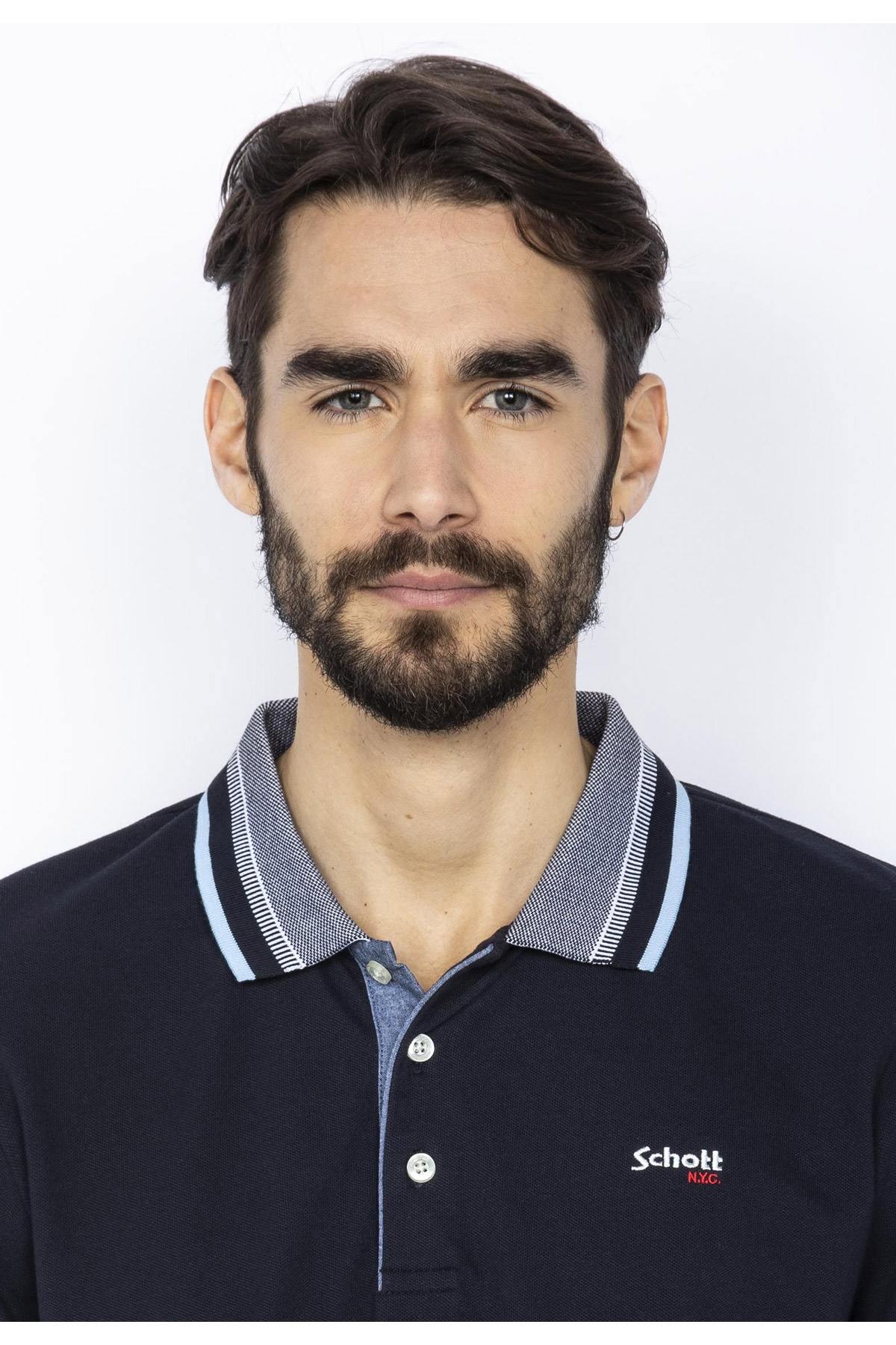 Men's navy blue polo shirt with striped collar - Image n°2