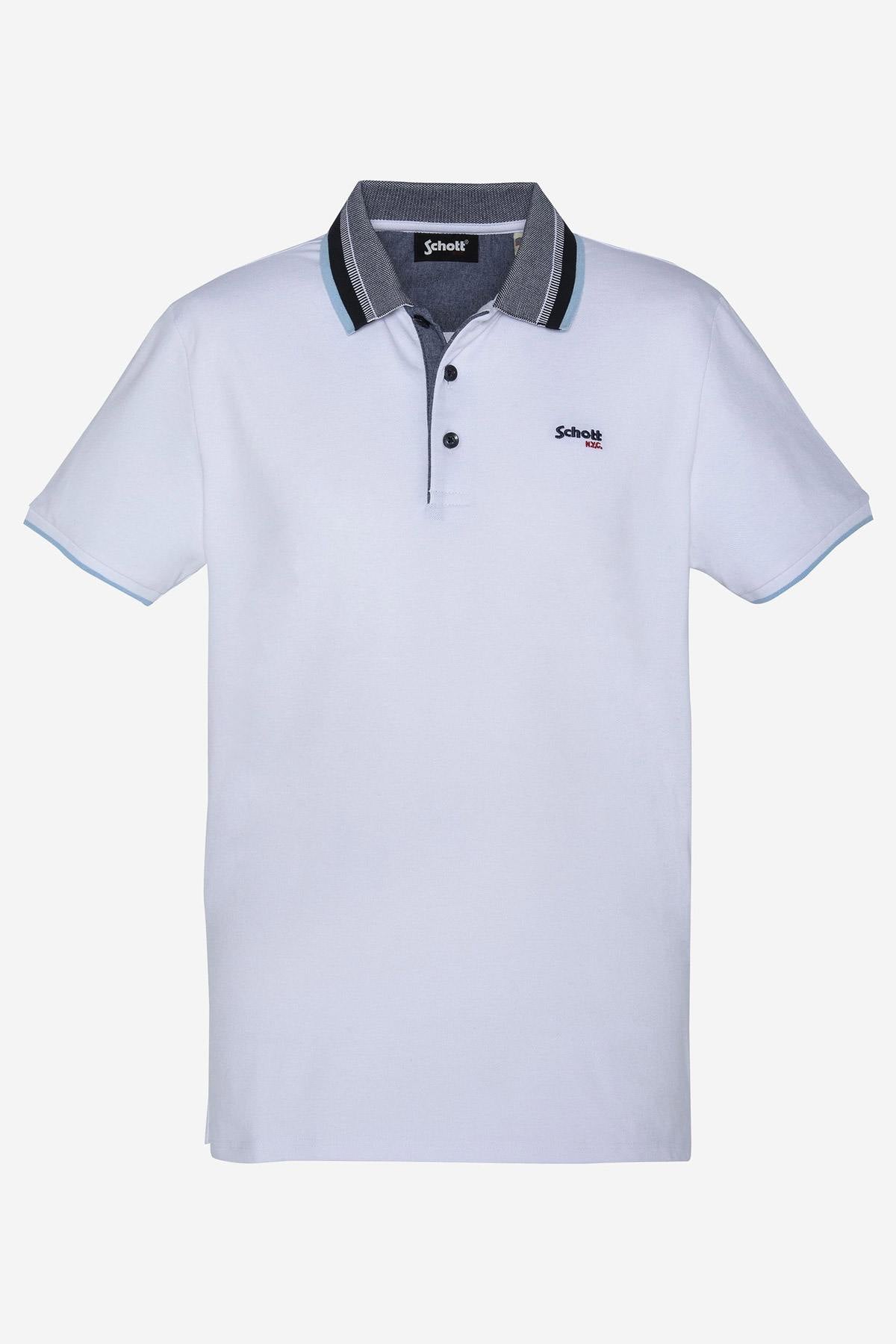 White cotton polo shirt with striped collar - Image n°1