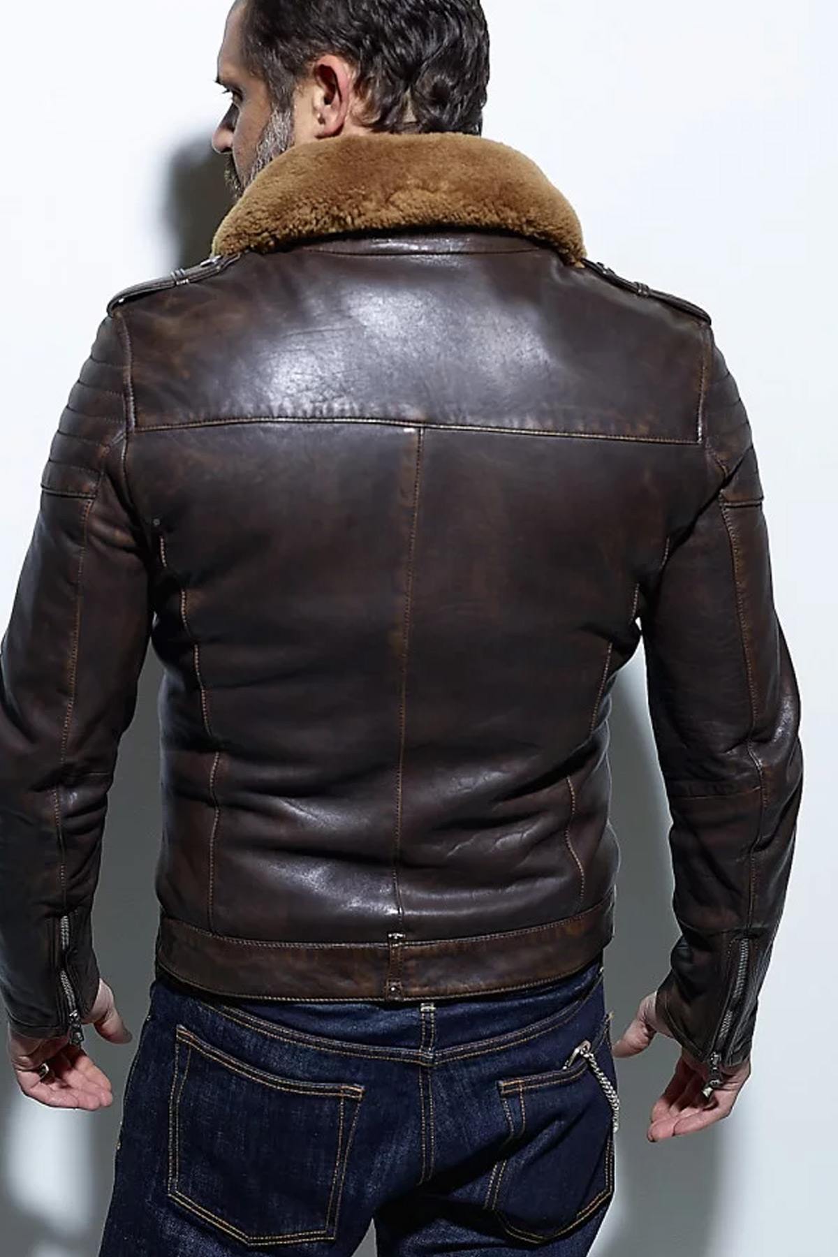 Vintage leather jacket with removable sheepskin collar - Image n°3