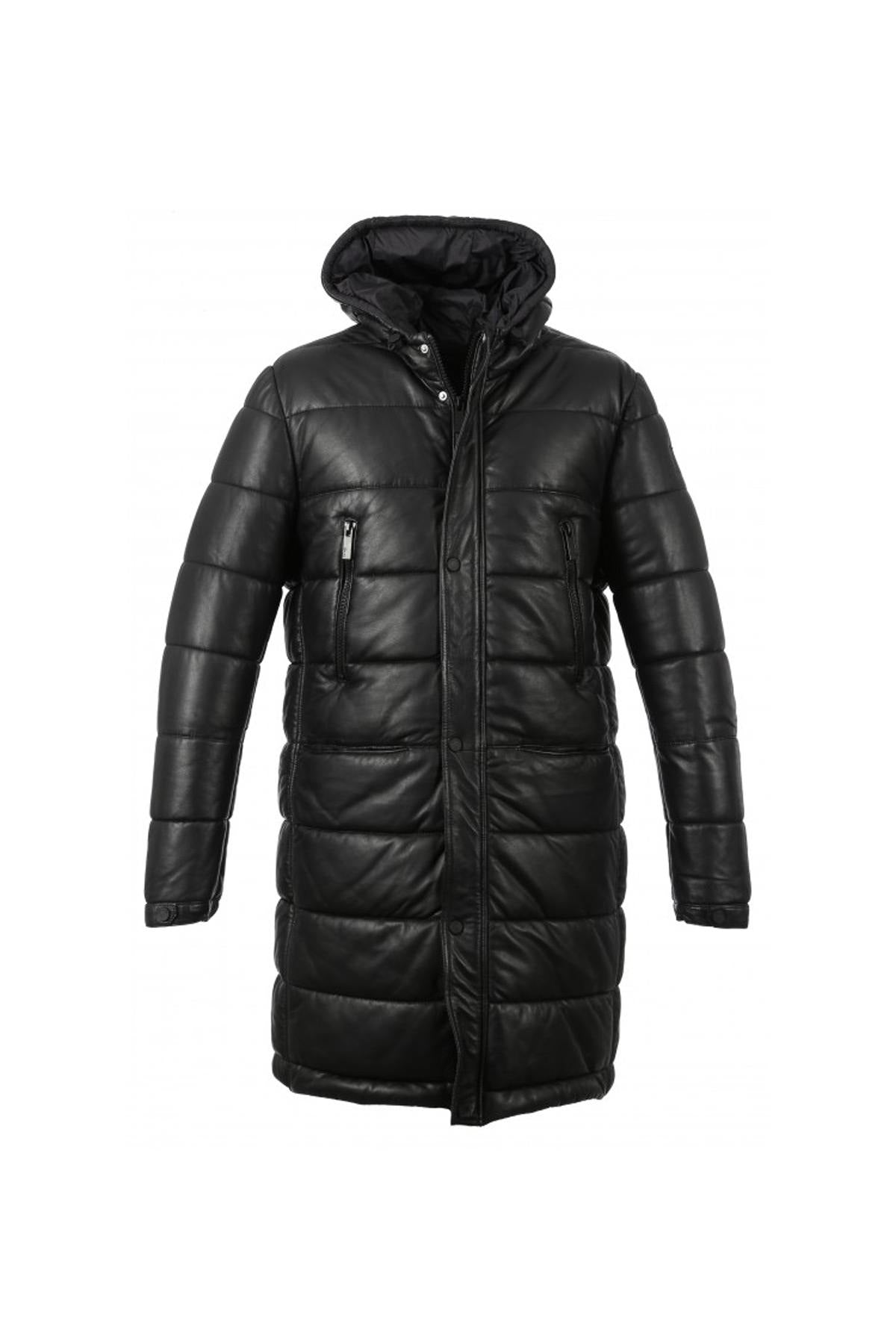 Men's long black leather down jacket - Image n°11