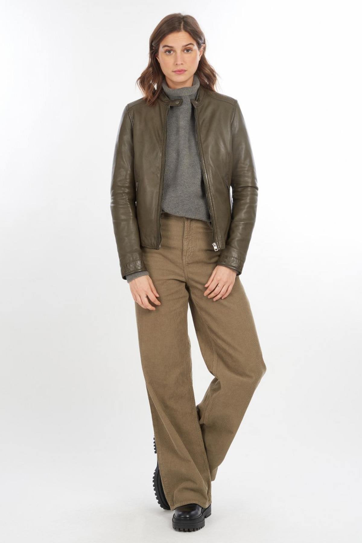 Khaki leather jacket with biker collar - Image n°7