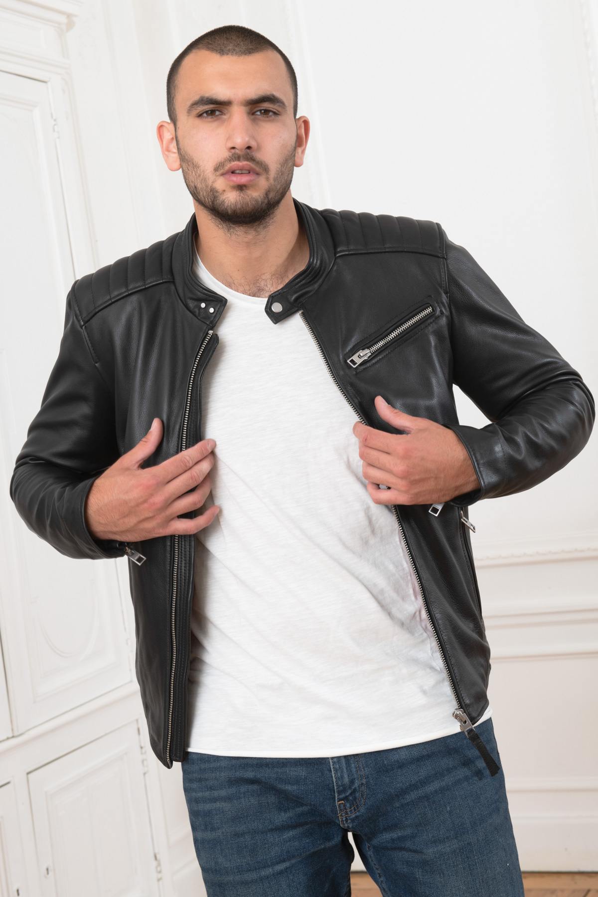 Black cowhide biker style jacket - Image n°5