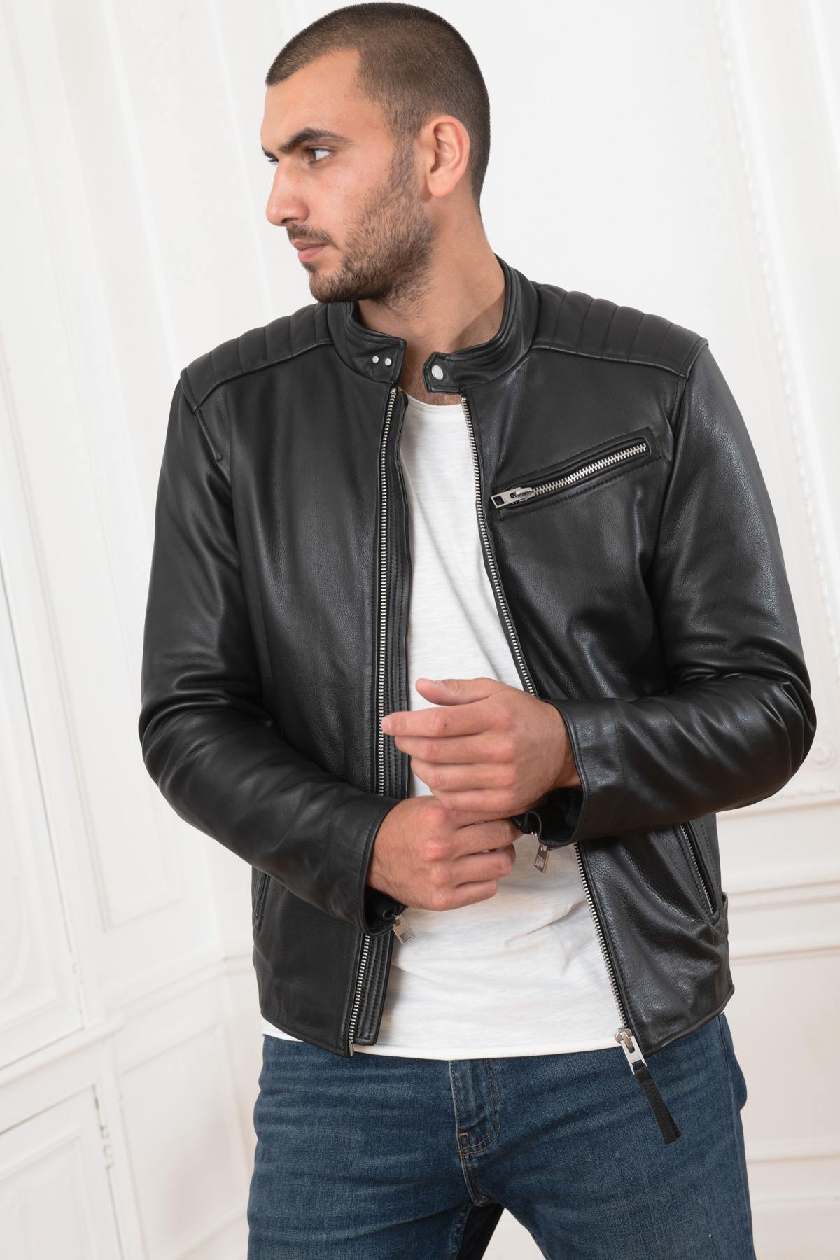 Black cowhide biker style jacket - Image n°1