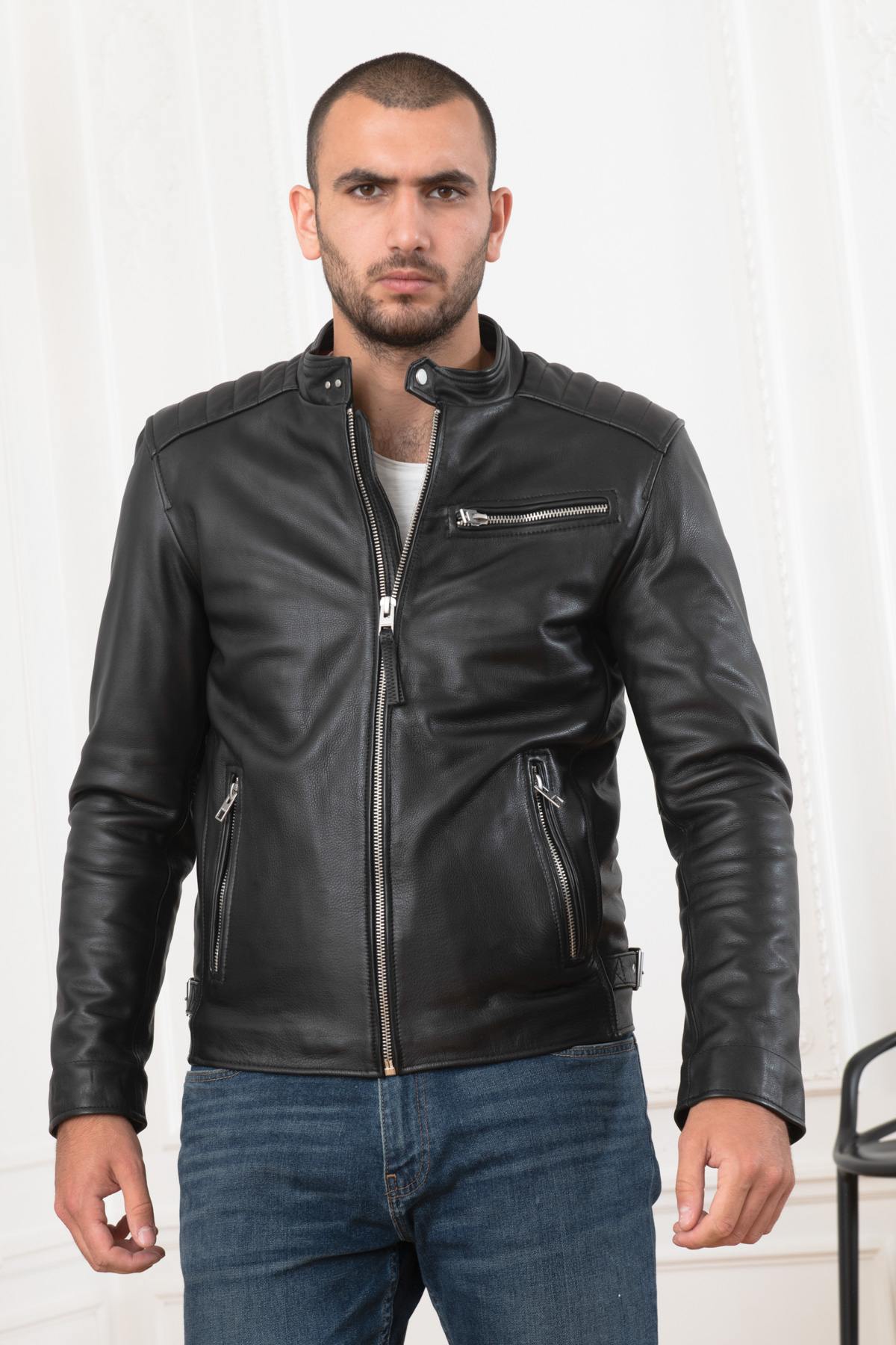 Black cowhide biker style jacket - Image n°3