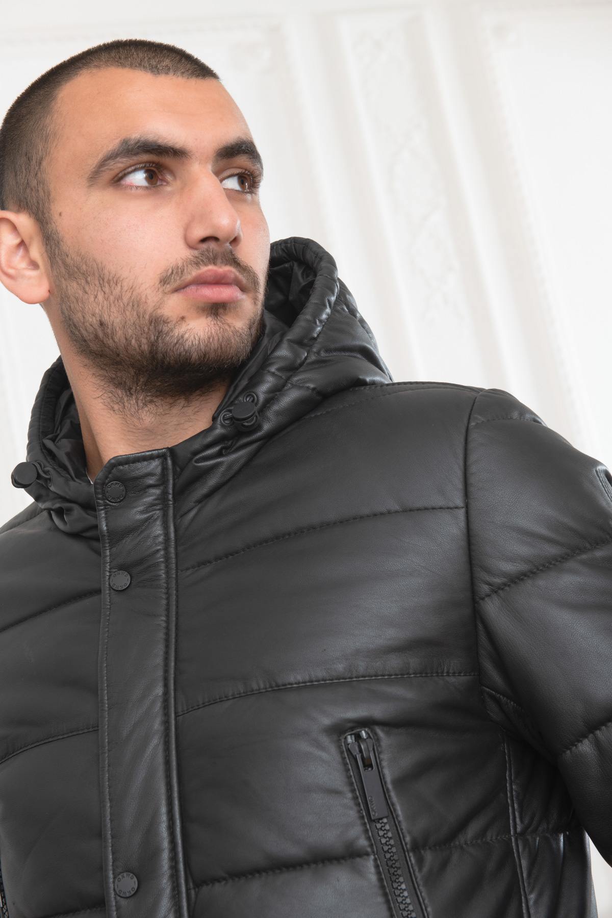 Men's long black leather down jacket - Image n°9