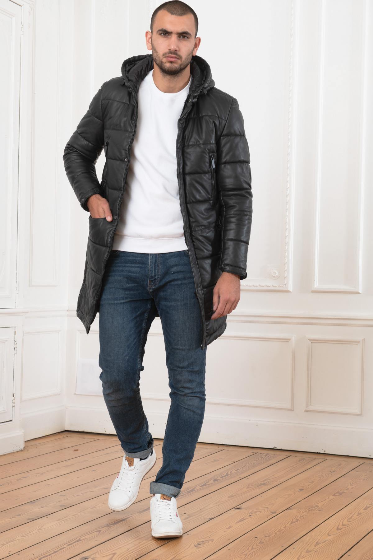 Men's long black leather down jacket - Image n°2