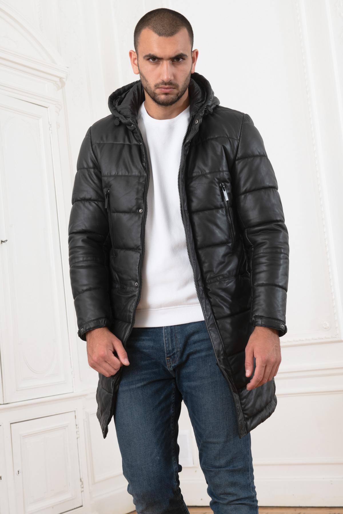 Men's long black leather down jacket - Image n°4