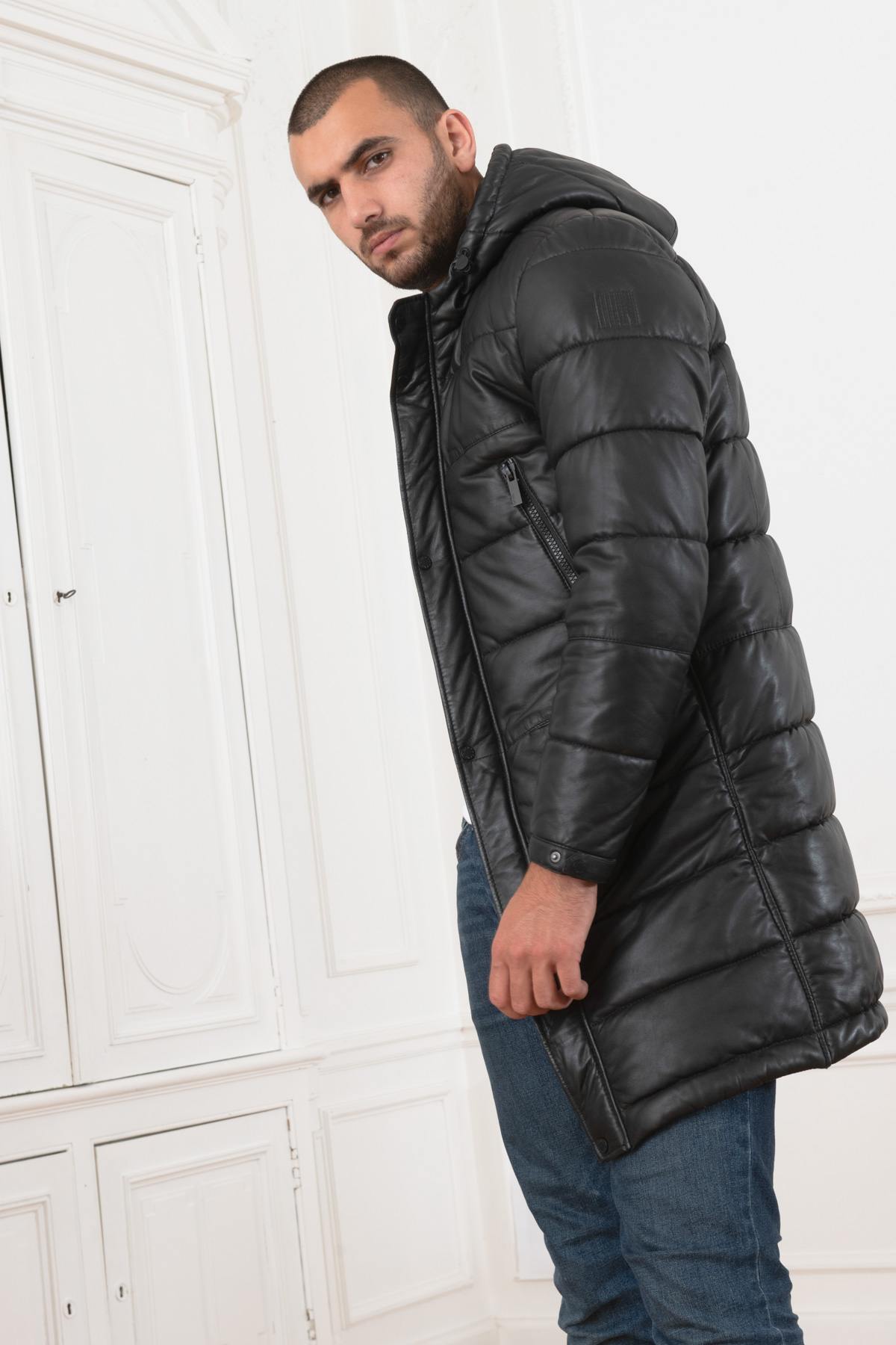 Men's long black leather down jacket - Image n°5