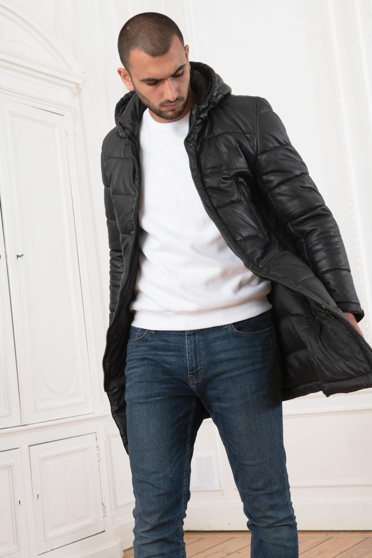 Men's long black leather down jacket - Image n°1