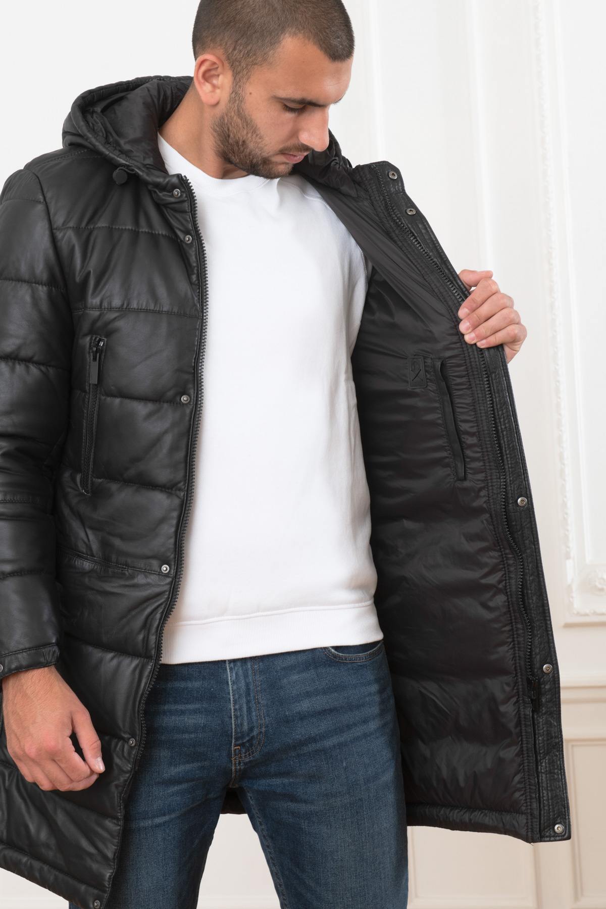 Men's long black leather down jacket - Image n°7