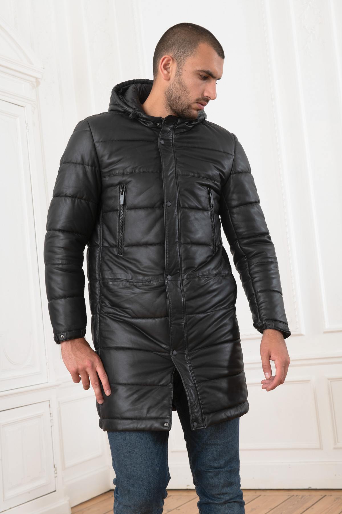 Men's long black leather down jacket - Image n°6