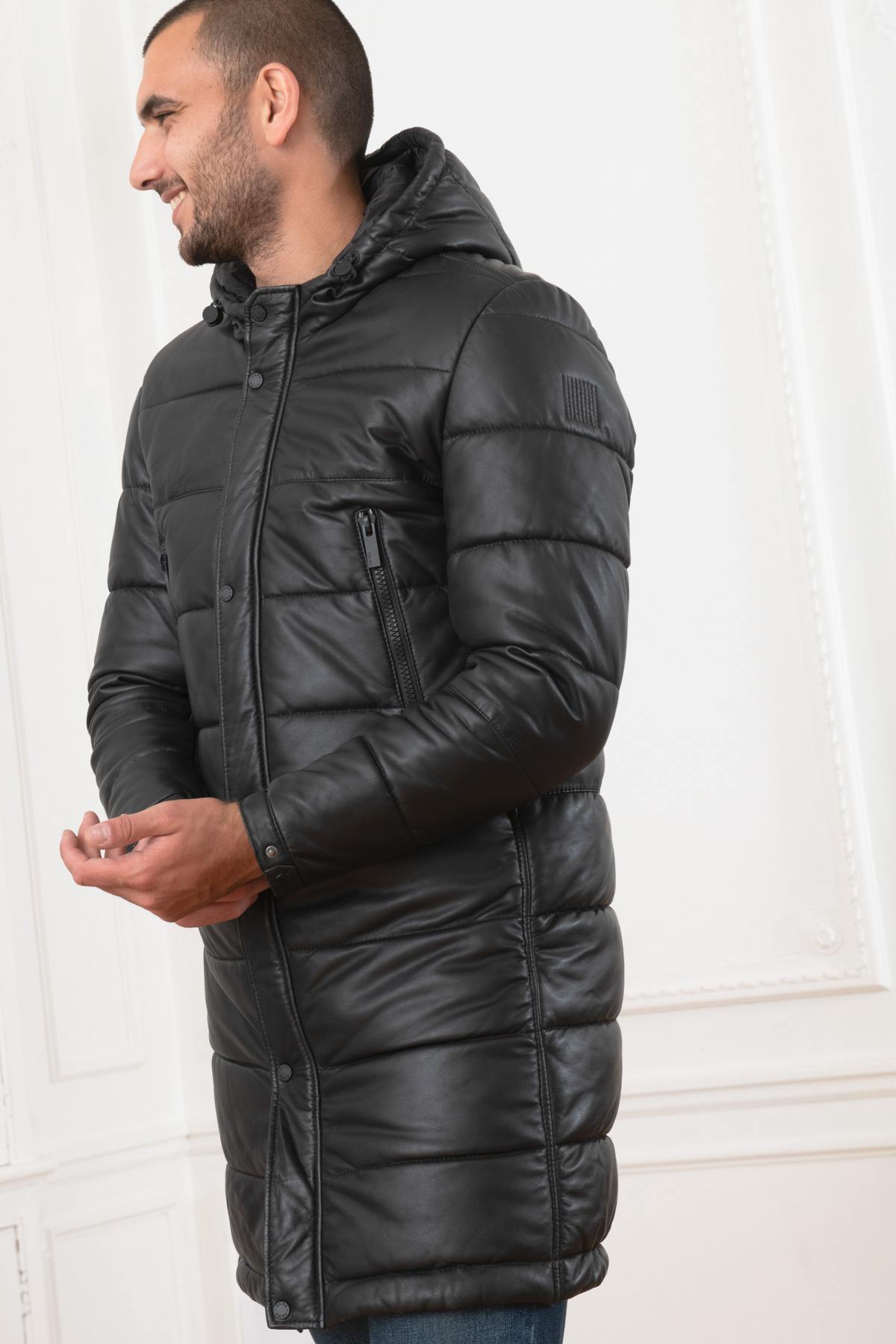 Men's long black leather down jacket - Image n°3