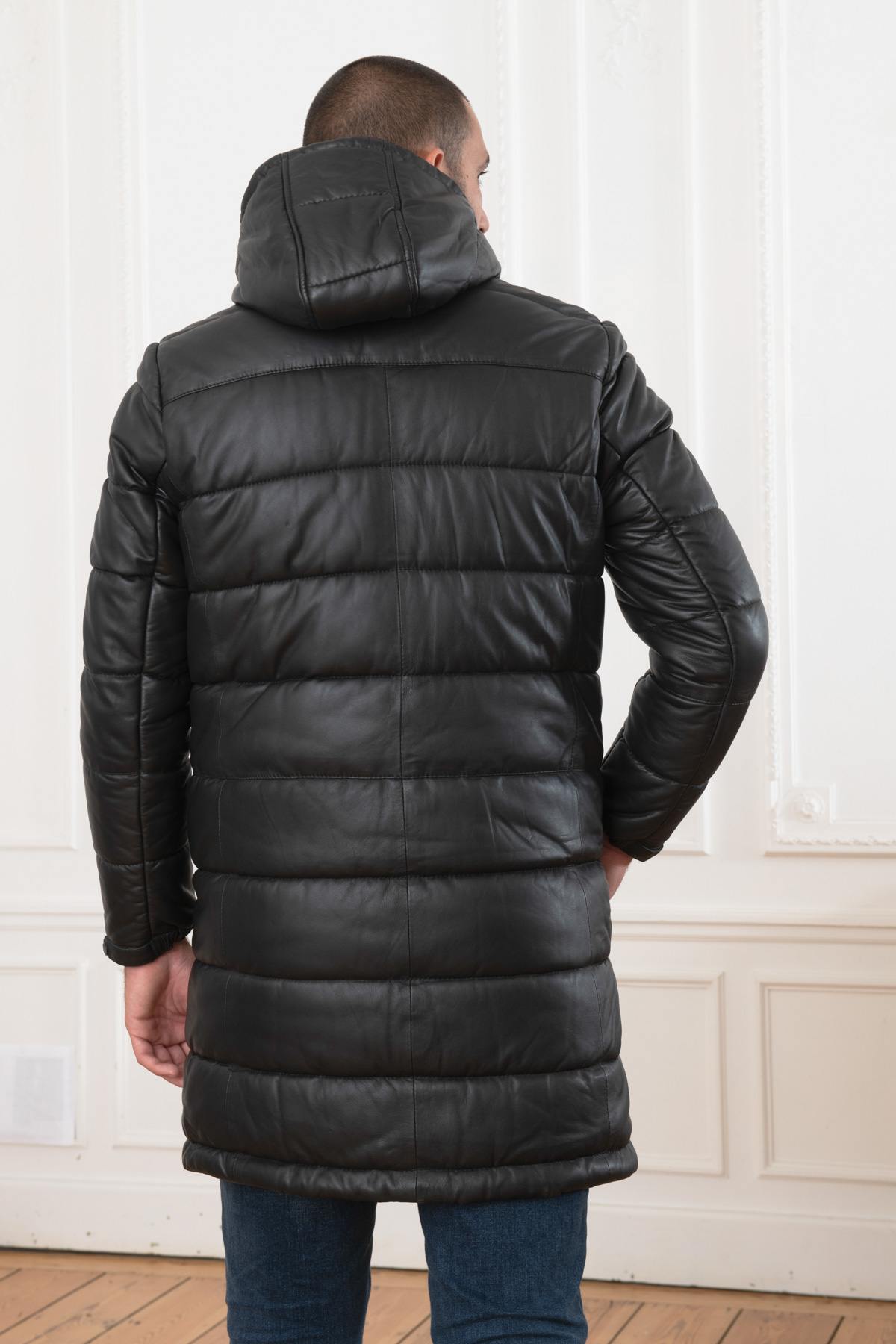 Men's long black leather down jacket - Image n°8