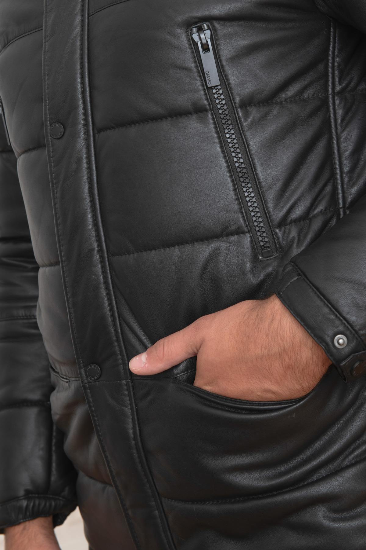 Men's long black leather down jacket - Image n°10