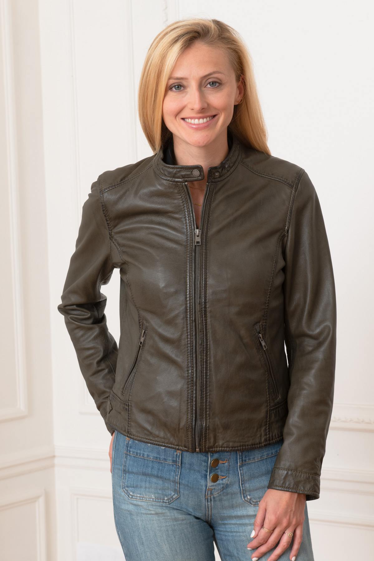 Khaki leather jacket with biker collar - Image n°6