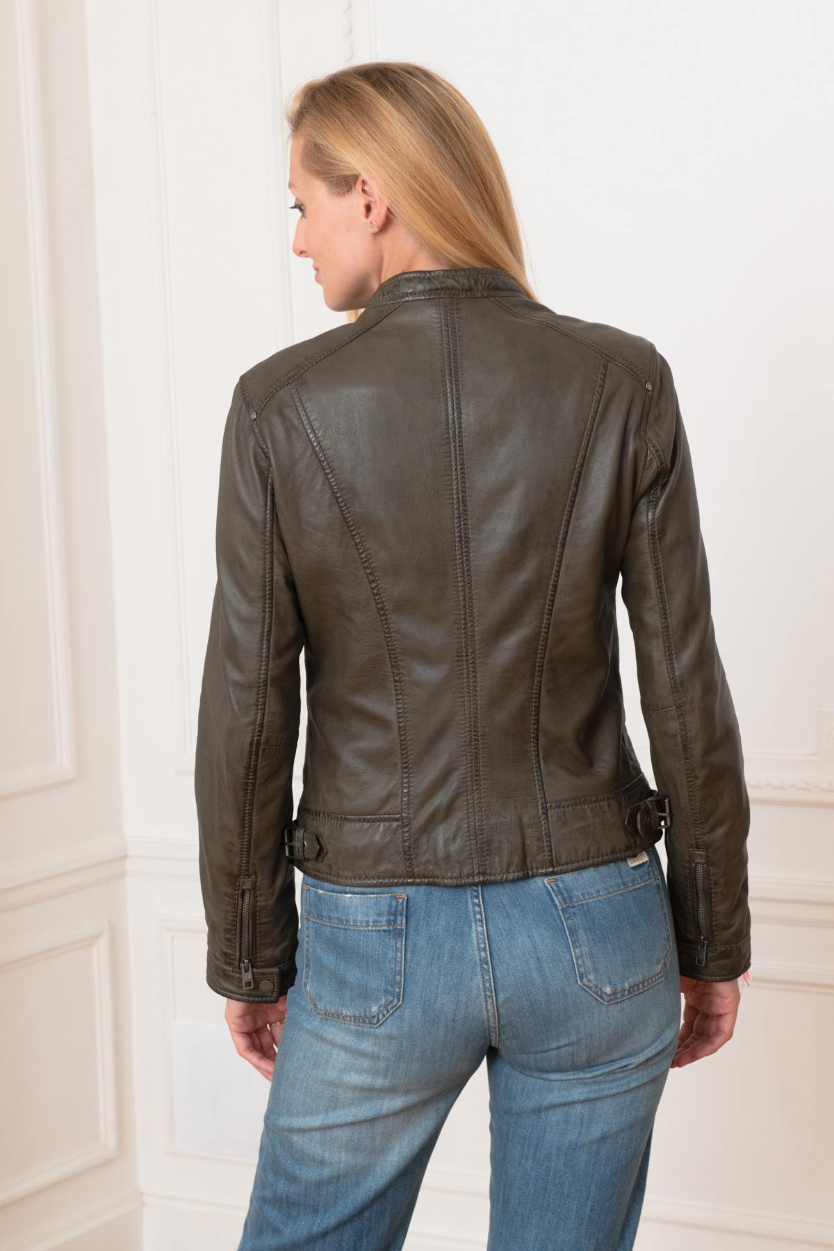 Khaki leather jacket with biker collar - Image n°4