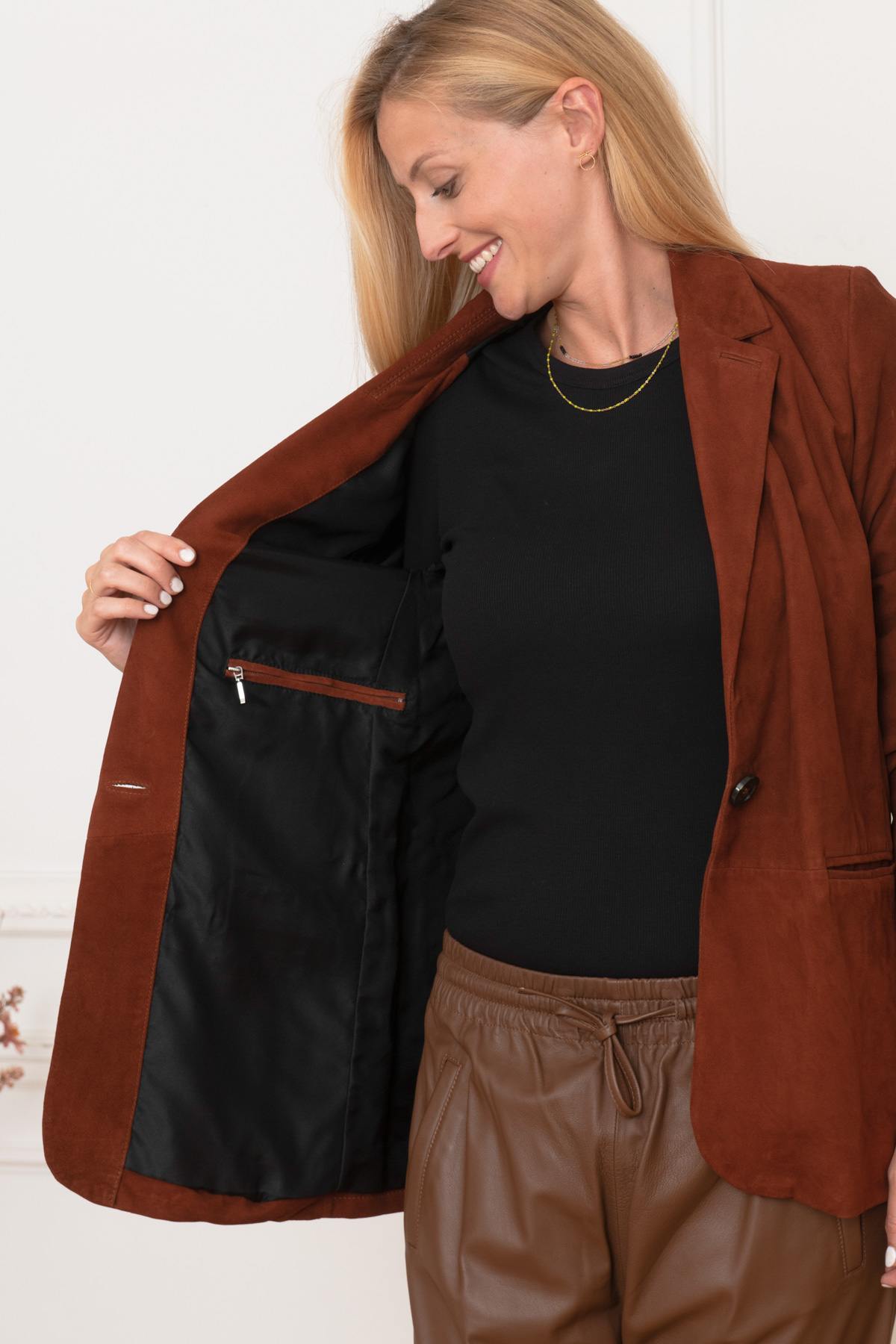 Women's brown goatskin leather blazer - Image n°5