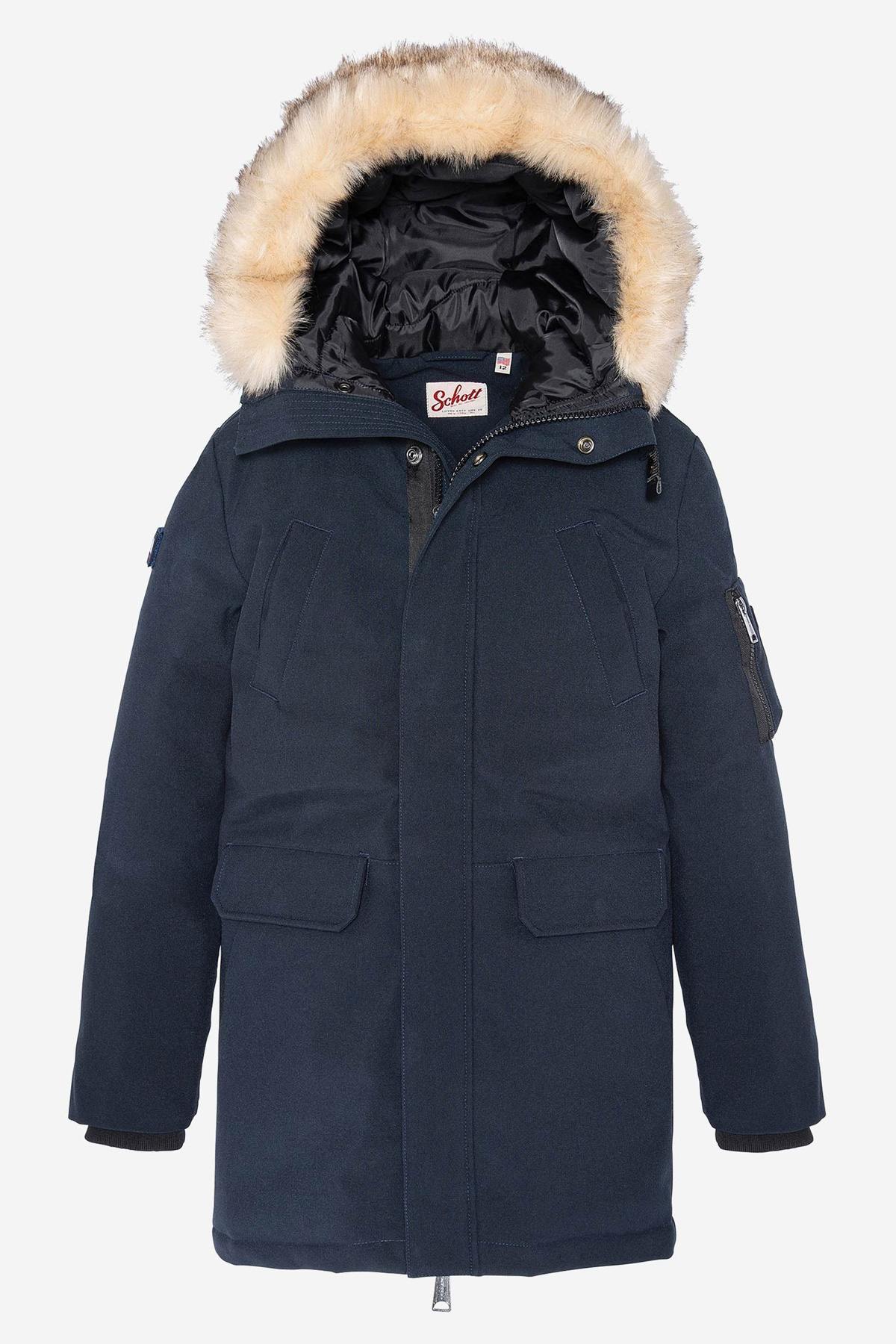 Boys' navy blue parka with fur-lined collar - Image n°1