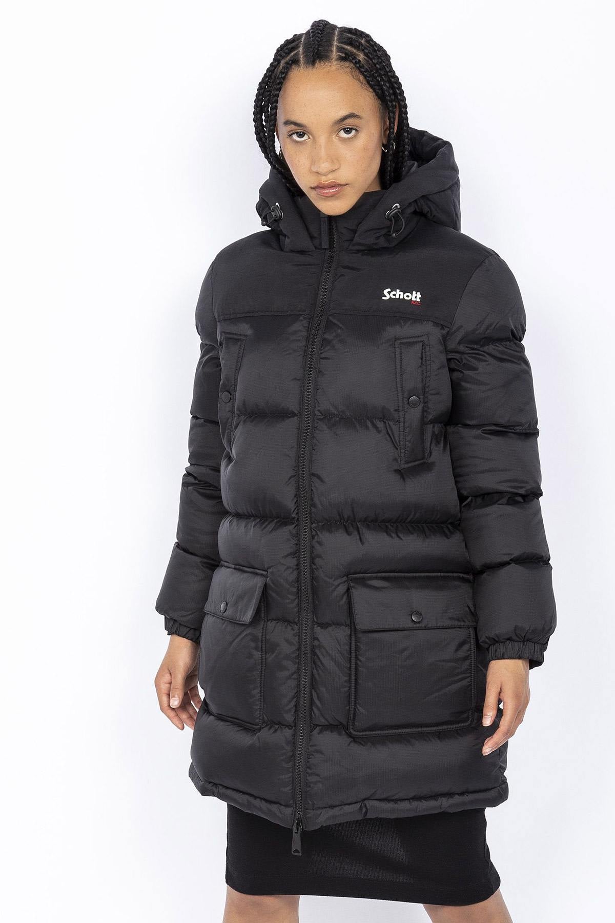 Women's long hooded down jacket - Image n°1