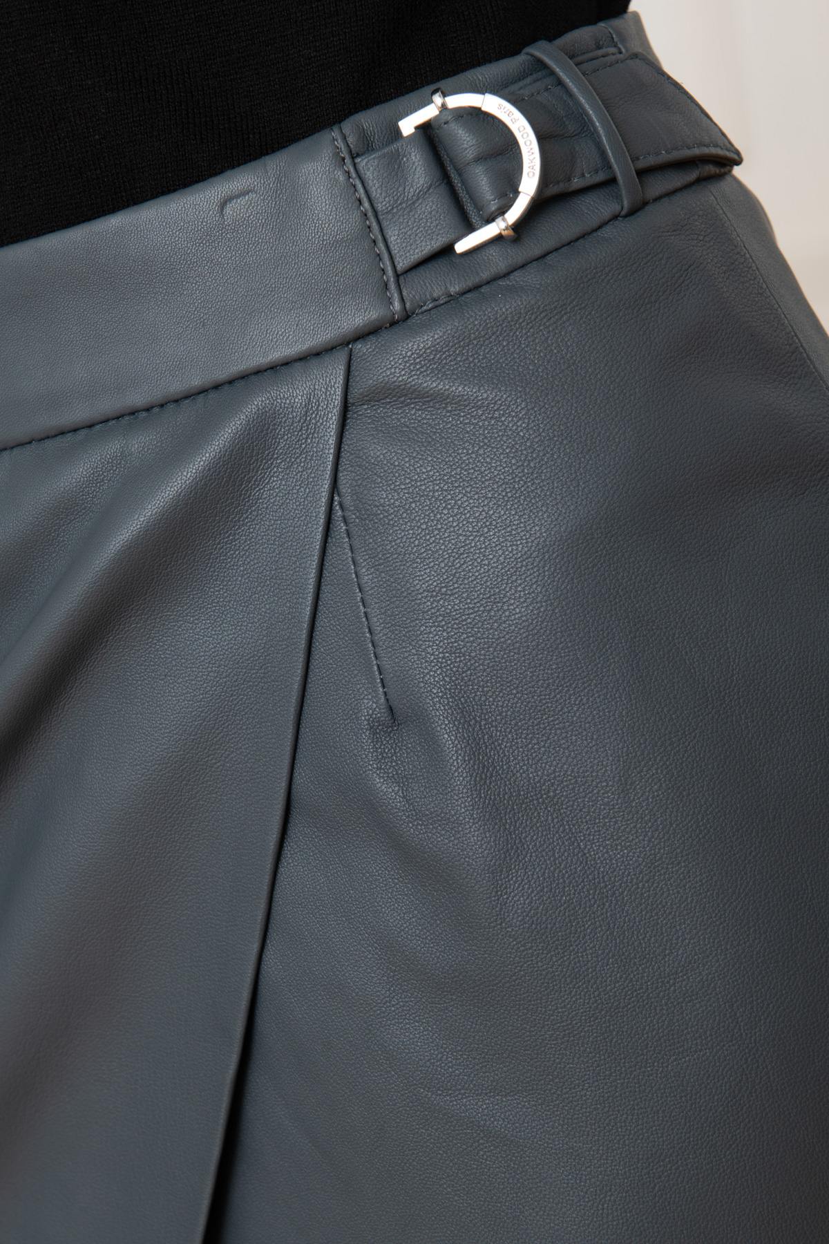 Petrol gray genuine leather skirt - Image n°4