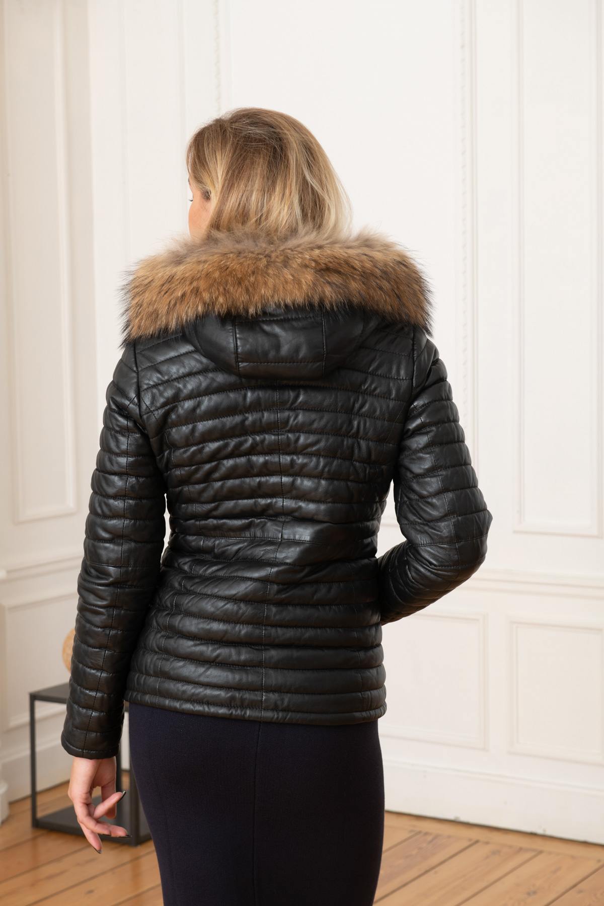 Women's black leather down jacket - Image n°7