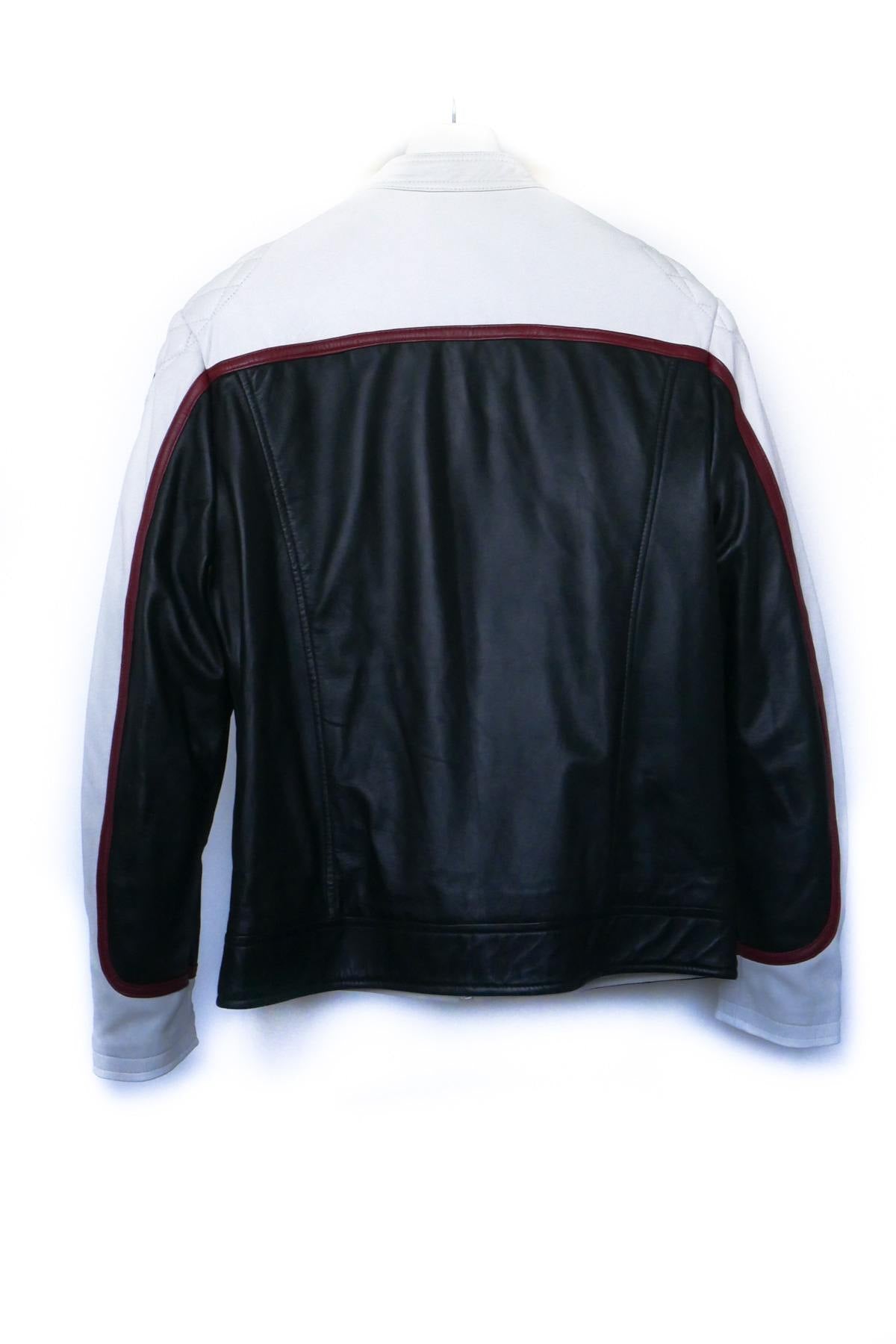 Men's black and white biker-style leather jacket - Image n°2