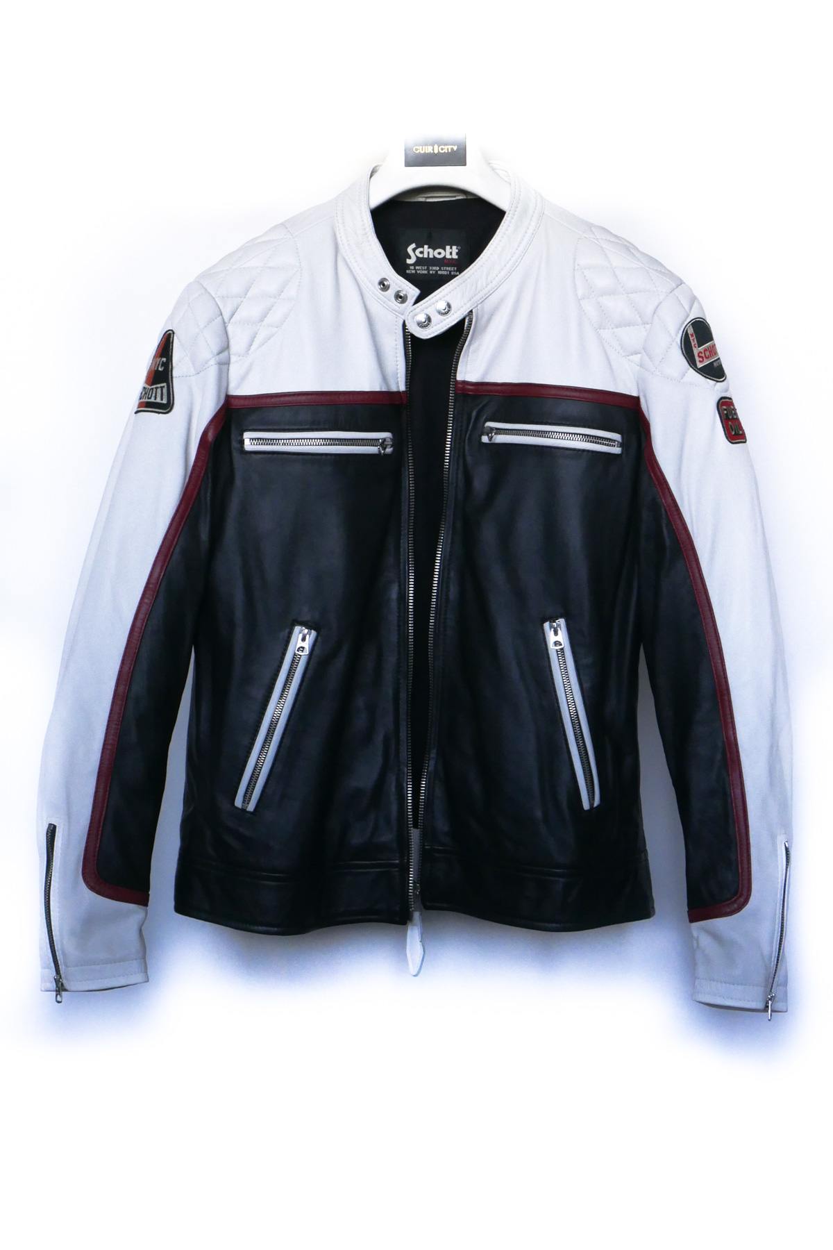 Men's black and white biker-style leather jacket - Image n°3